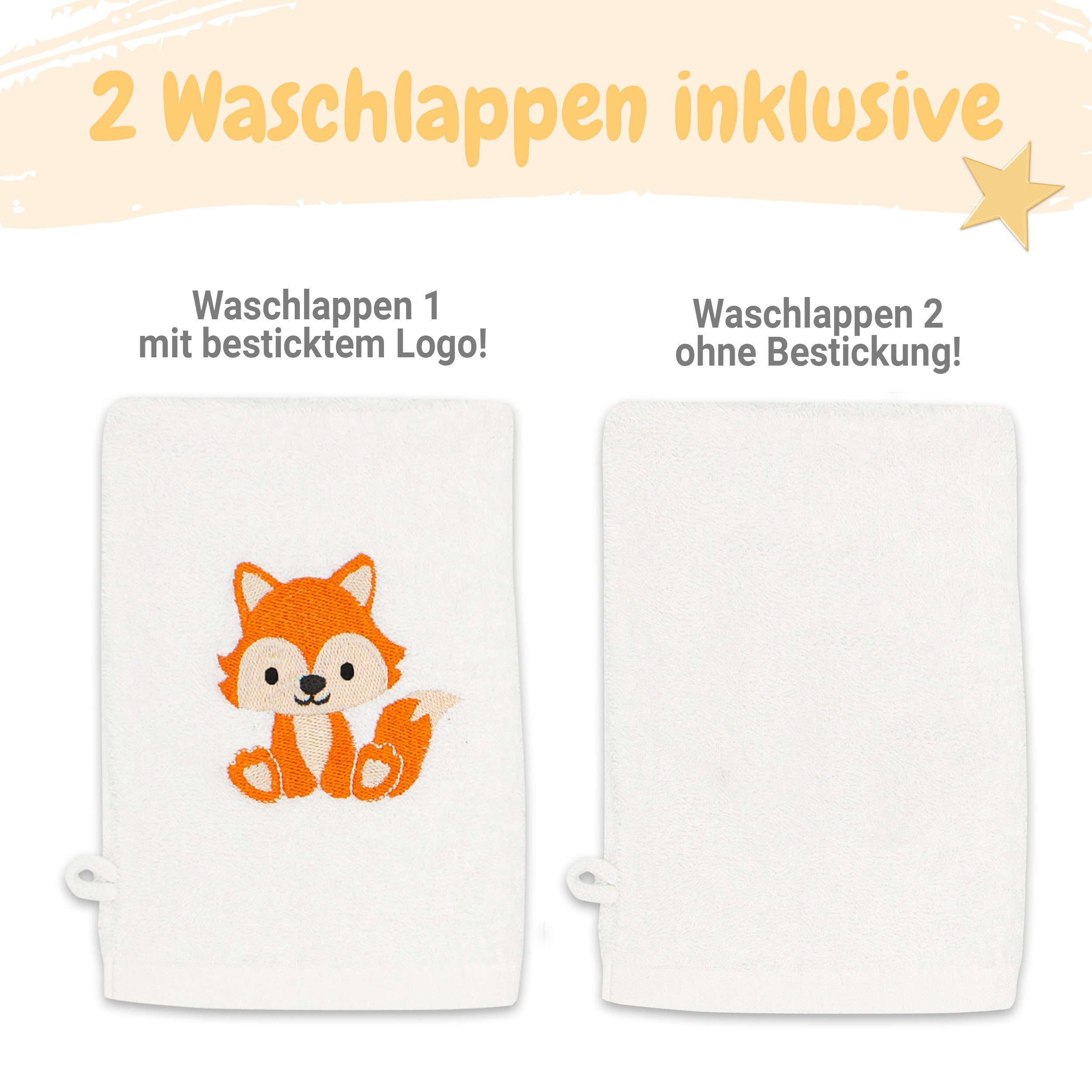 Kapuzenhandtuch, Handtuch mit Waschlappen 1-St), Babykajo Kuschliges Frottee weiß Baby Fuchs (1,