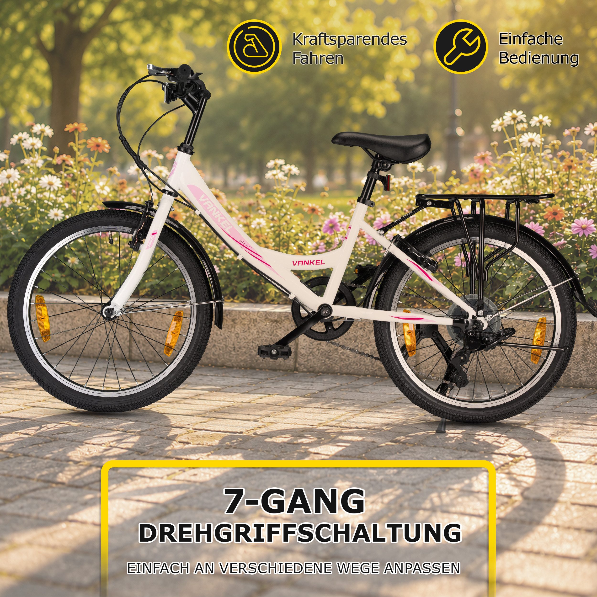 ROMICO Kinderfahrrad 20 Zoll, Tiefer Einstieg, Rücktrittbremse, Schutzbleche, Klingel, 1 Gang, Vintage-Look, Creme-Reifen, Komfortsattel