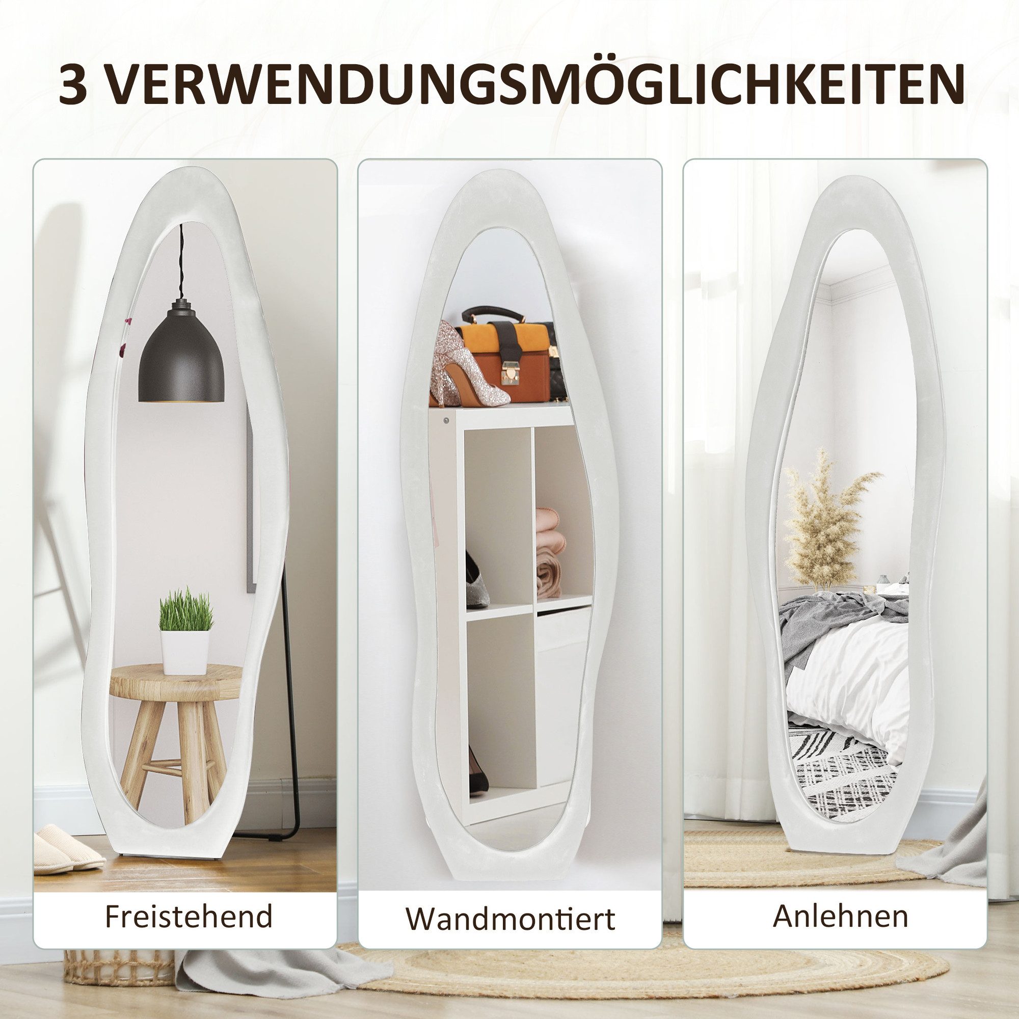 HOMCOM Standspiegel 50 x 160 cm mit samtartiger Rahmenbezug (Wandspiegel, 1-St., Ganzkörperspiegel), für Schlafzimmer, Wohnzimmer, Weiß