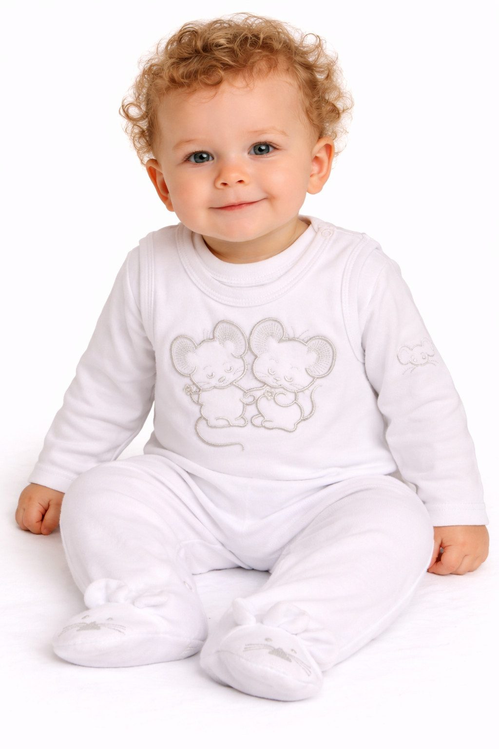 La Bortini Strampler Stramplerhose aus Velours und Shirt Baby Anzug in Weiß mit Mäuschen aus Nickistoff und Baumwolle, 44 50 56 62 68