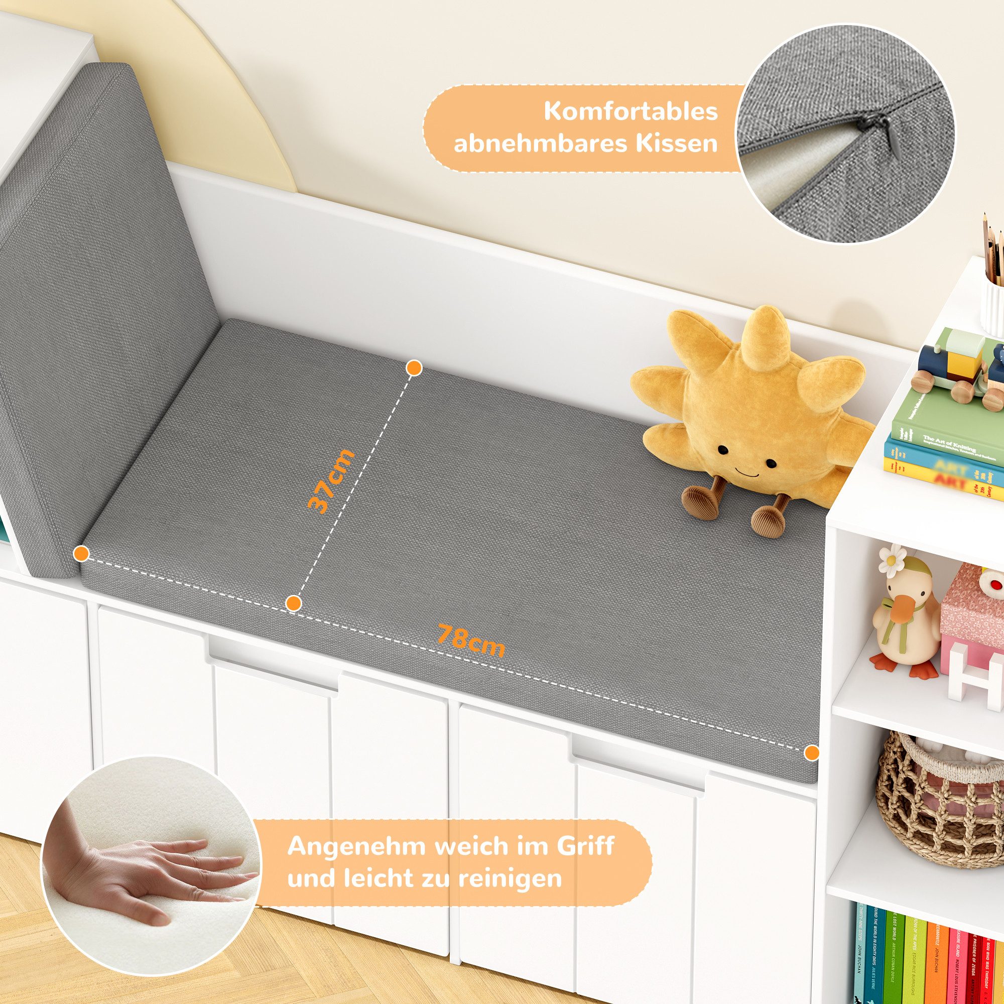 HOMECHO Spielzeugtruhe, 156cm Kinderregal mit Sitzbank, Boxen auf Rollen – Bild 2 von 5