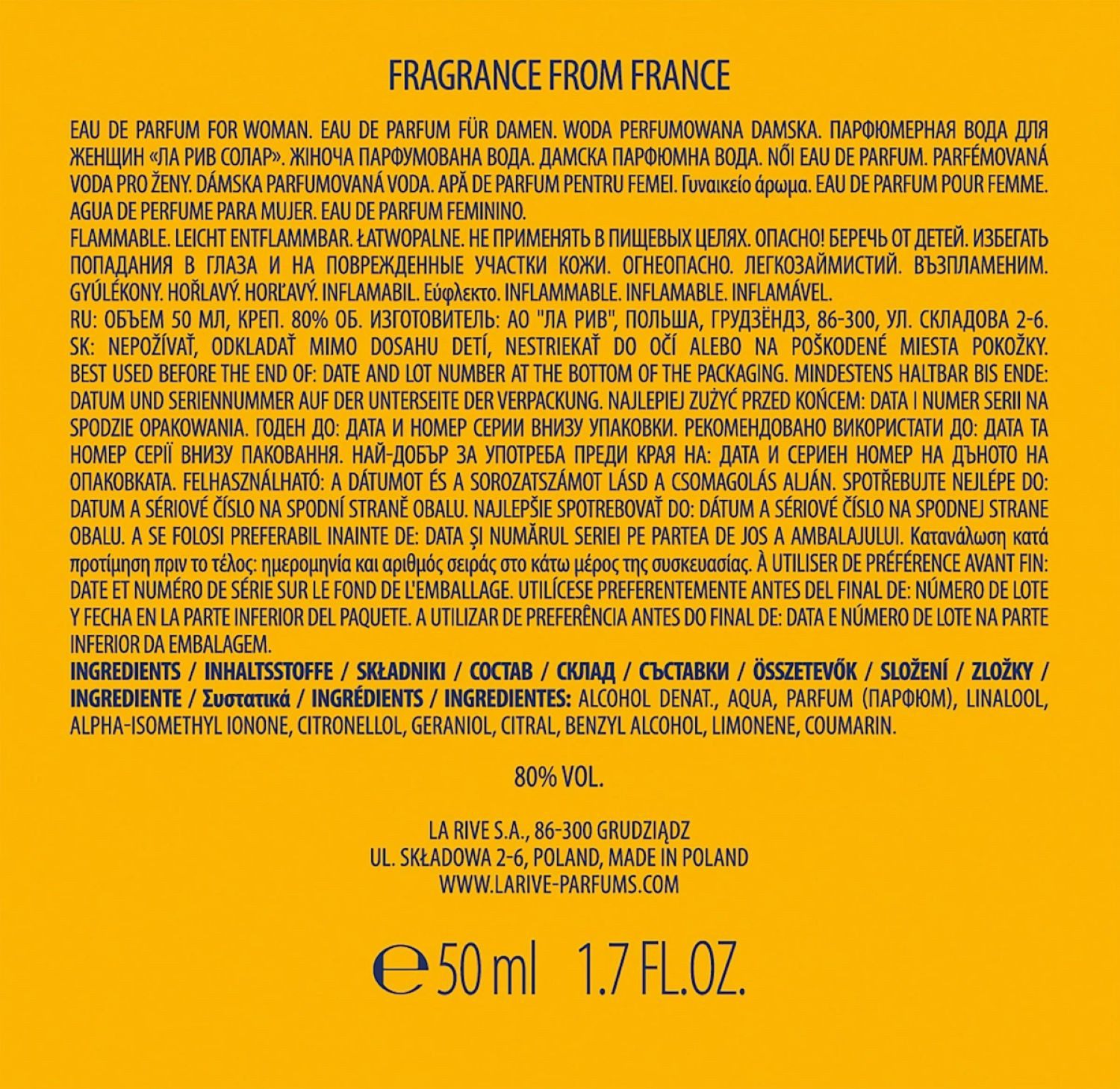 La Rive Eau de Parfum Solare Eau de Parfum, 50 ml, Stilvoller Flakon