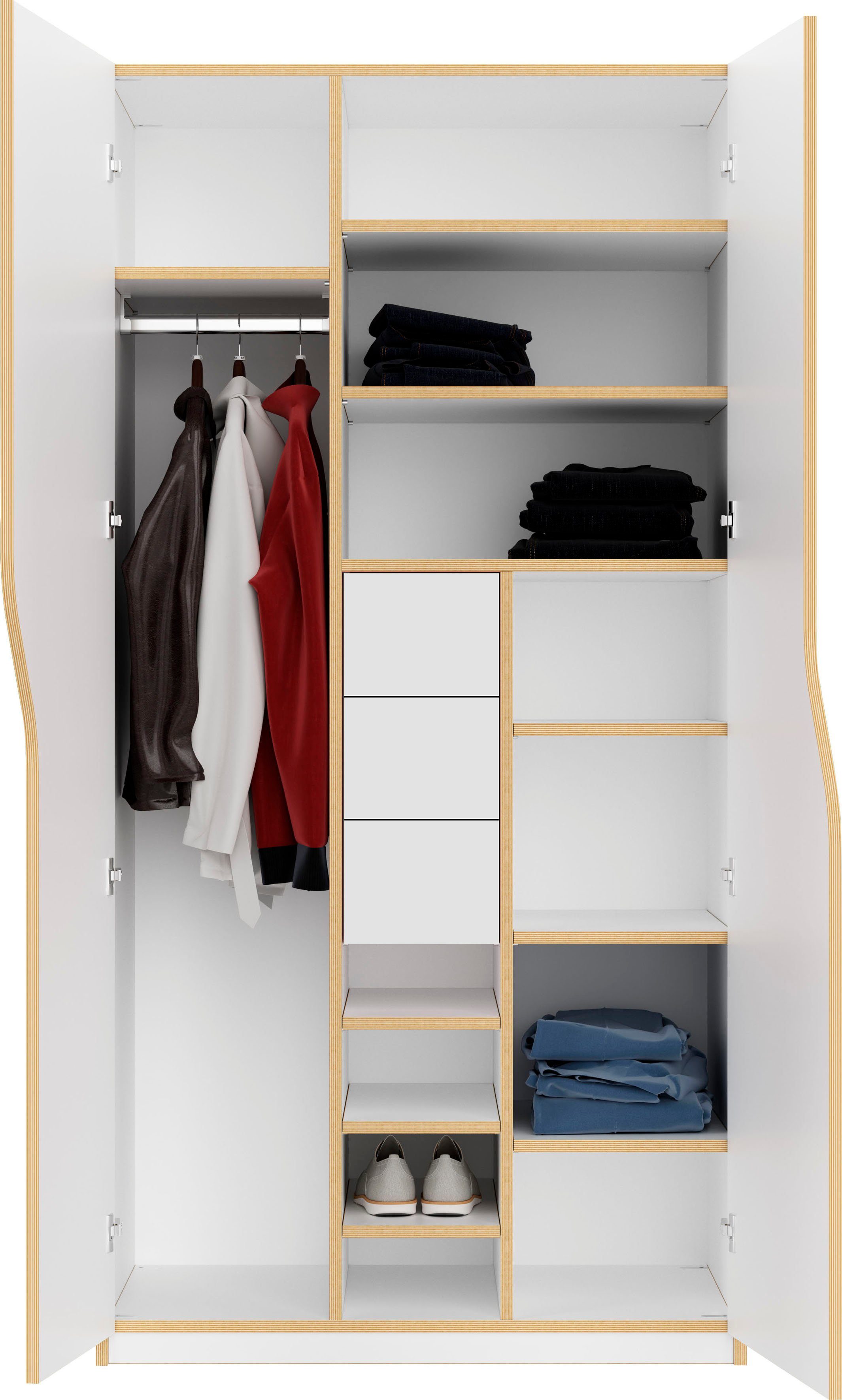 Müller SMALL LIVING Kleiderschrank PLANE Ausstattung Nr. 4 inklusive 3 innenliegenden Schubladen, Kleiderstange und 12 Fächern