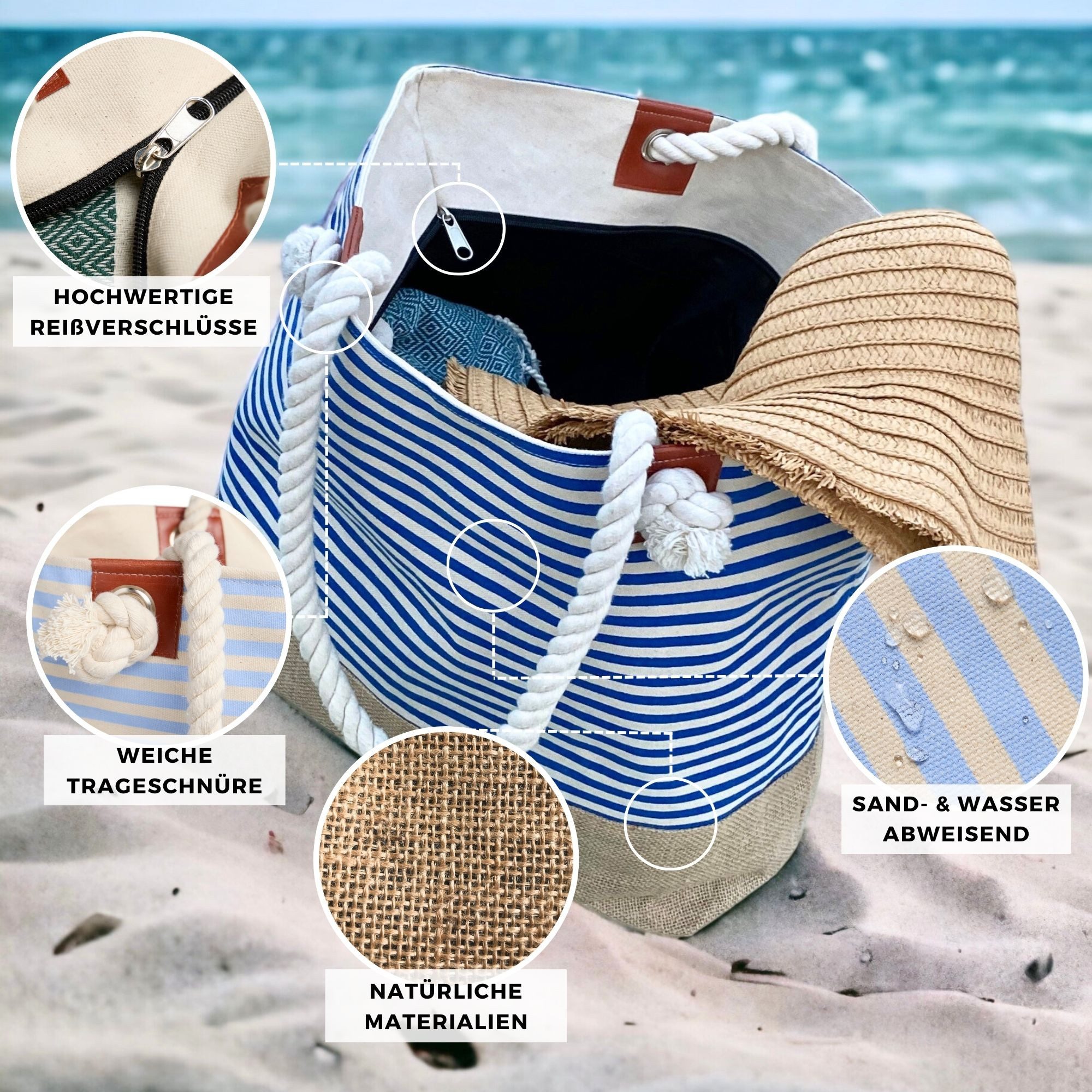 furora HOLIDAY Strandtasche Badetasche mit Reißverschluss & 2x Innentaschen günstig online kaufen
