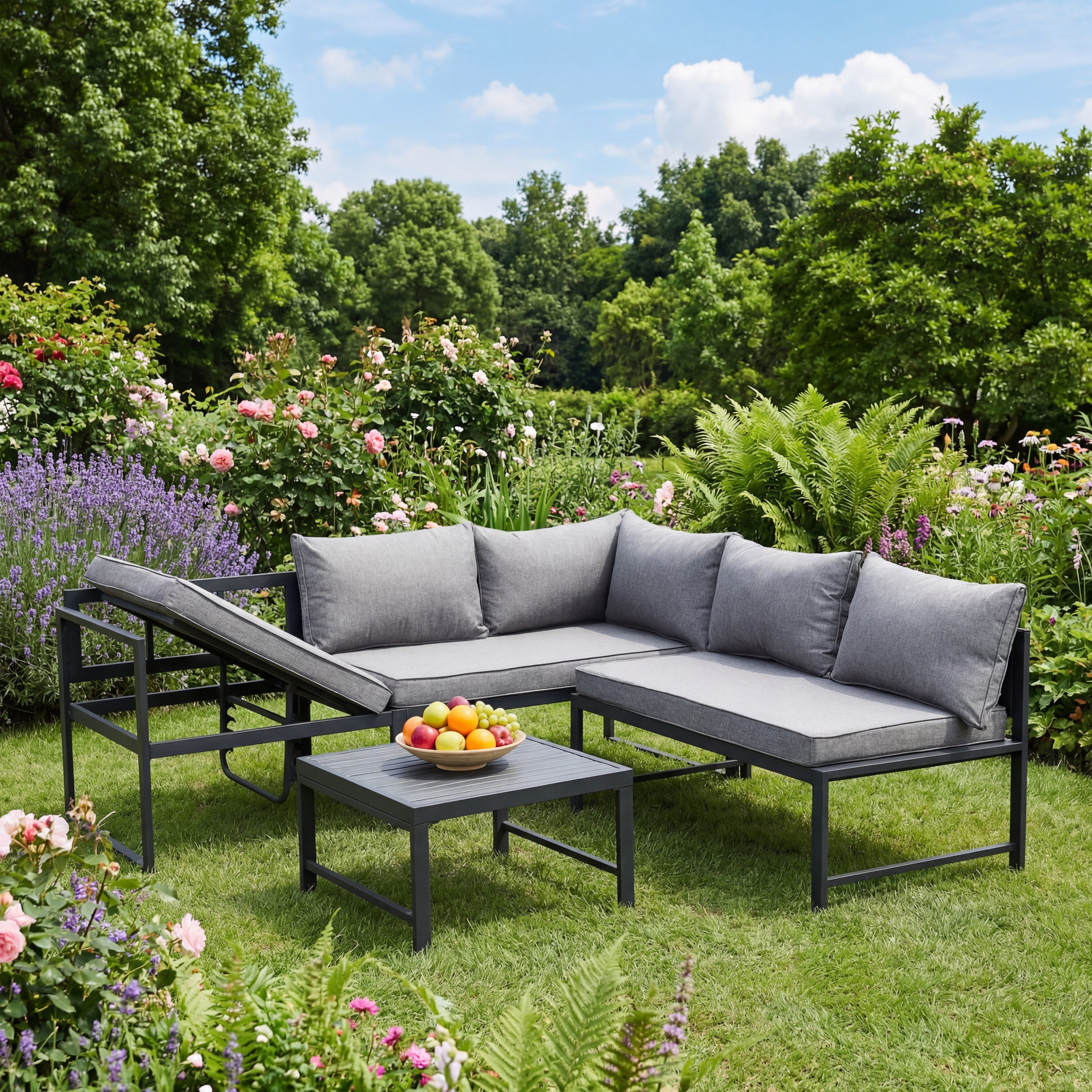 oyajia Gartenlounge-Set Gartenmöbel Set wetterfest 4-5 Personen, (Outdoor Gartensofa mit Tisch, 8cm Deluxe Relax-Sitzkissen), Gartenmöbel mit 5-stufig-verstellbarer Neigungsfunktion