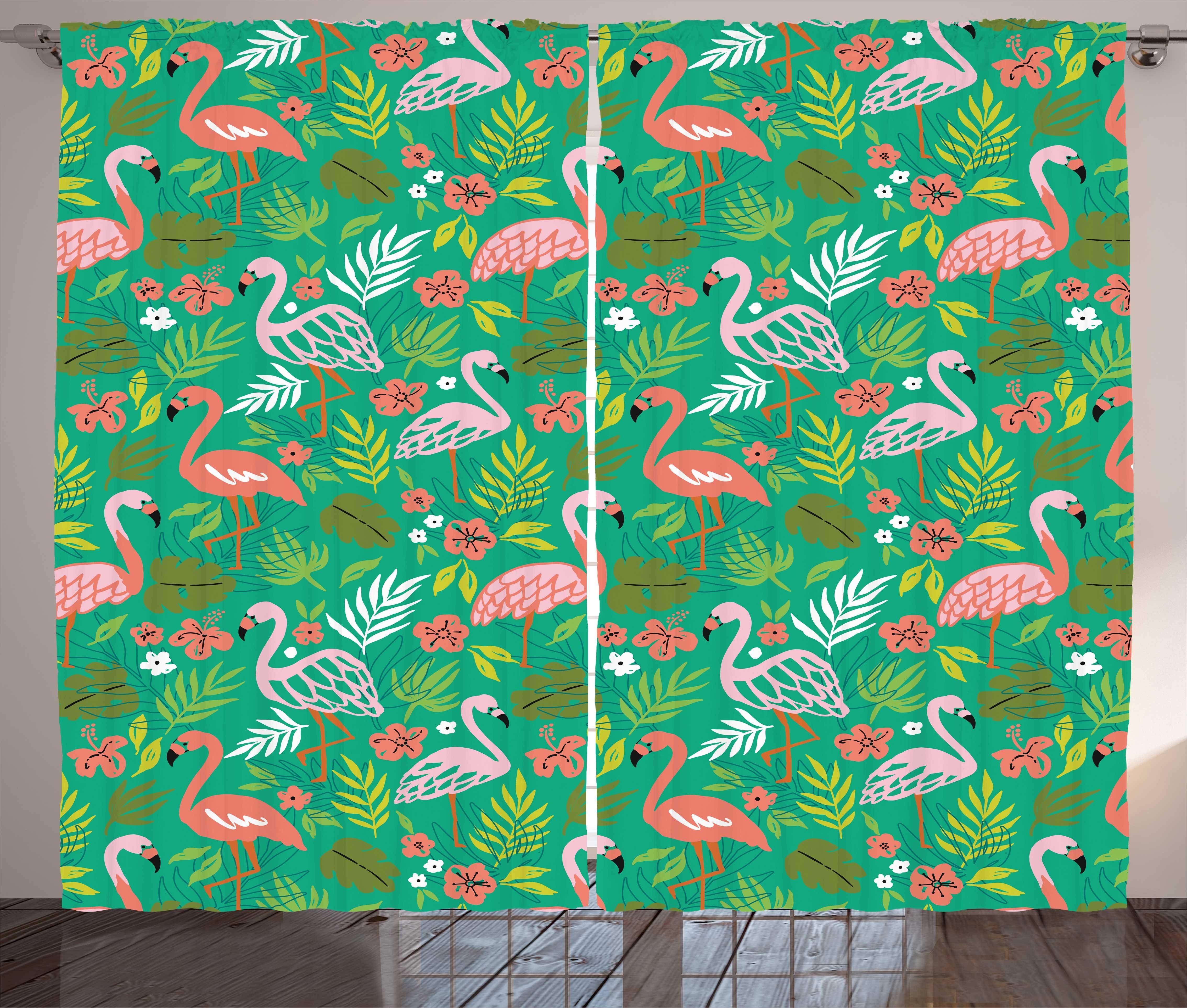 Gardine Schlafzimmer Kräuselband Vorhang mit Schlaufen und Haken, Abakuhaus, Tropisch Karibik Botanik Flamingos