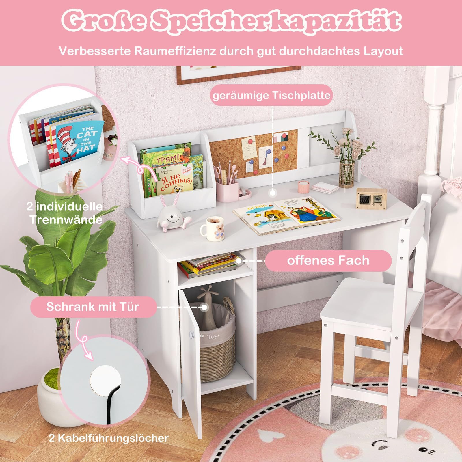 COSTWAY Kinderschreibtisch mit Stuhl Set, Holz, Sitzgruppe mit Bücherregal