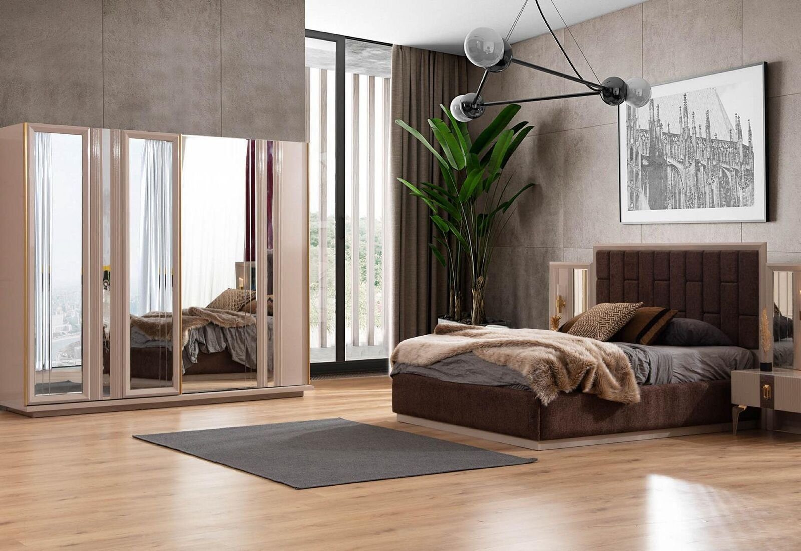 2x JVmoebel Schlafzimmer-Set Luxus Schlafzimmer Europe Nachttische Made Bett Kommode, In Set Beiges