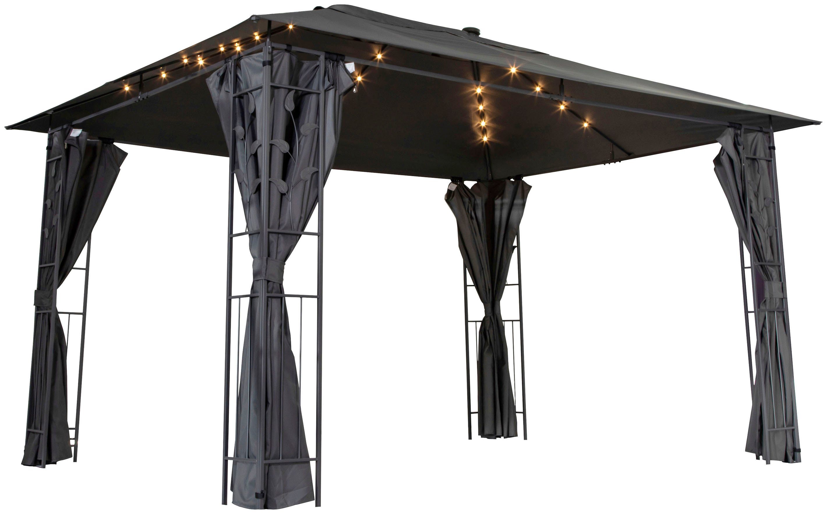Livotion Pavillon, mit 4 Seitenteilen, 300x400cm, Blätteroptik, LED-Beleuchtung, in grau mit