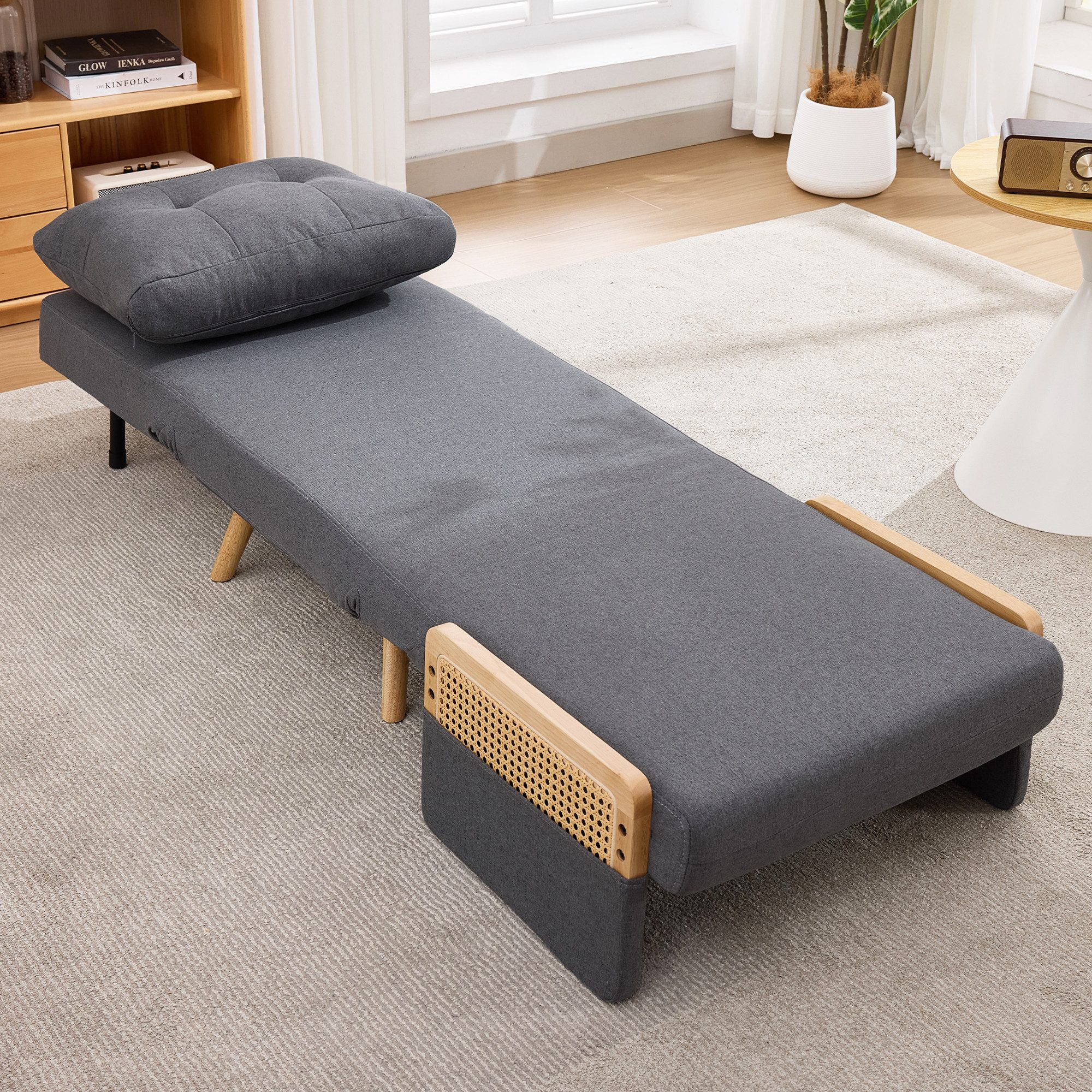 Merax Relaxliege 3-in-1 Schlafsessel mit Schlaffunktion, ausklappbarer Relaxsessel, Schlafsofa Klappsofa 67,5 × 73 × 86,5 cm 1 Teile, 5-fach verstellbarer Loungesessel mit Rattan-Armlehnen, Leinen
