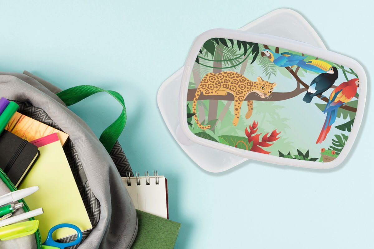 Brotbox Dschungeltiere - Leopard, - Tukan für Brotdose, - Lunchbox Kunststoff, Jungs MuchoWow Erwachsene, Mädchen und - (2-tlg), weiß Jungen Kinder und Mädchen für