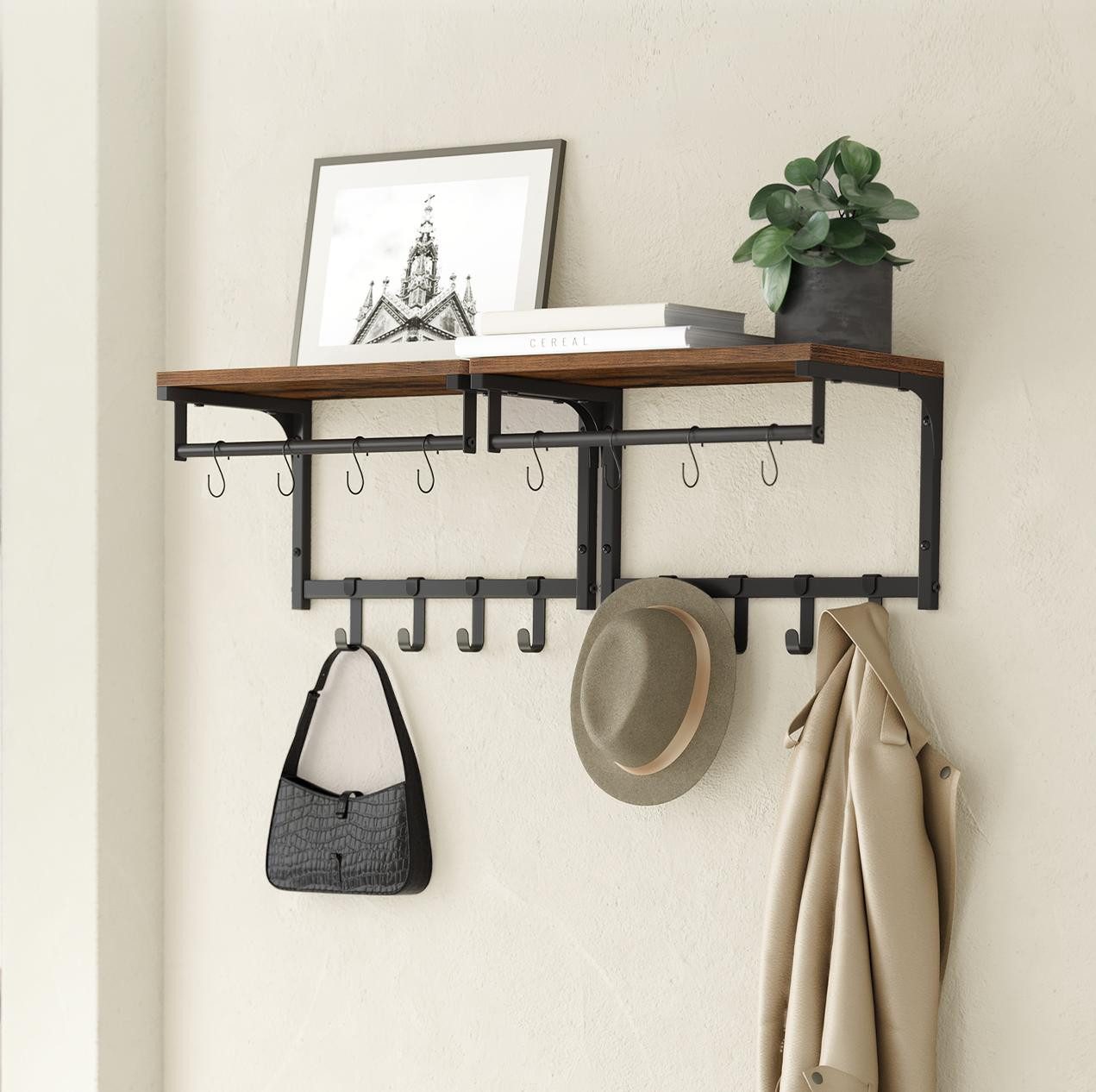 VASAGLE Wandgarderobe Garderobe mit Ablage, Wandregal, für Flur, Waschküche, 40 x 24 x 24 cm (2 St), 2er Set, je 8 abnehmbare Haken, Industrie-Design, vintagebraun-schwarz