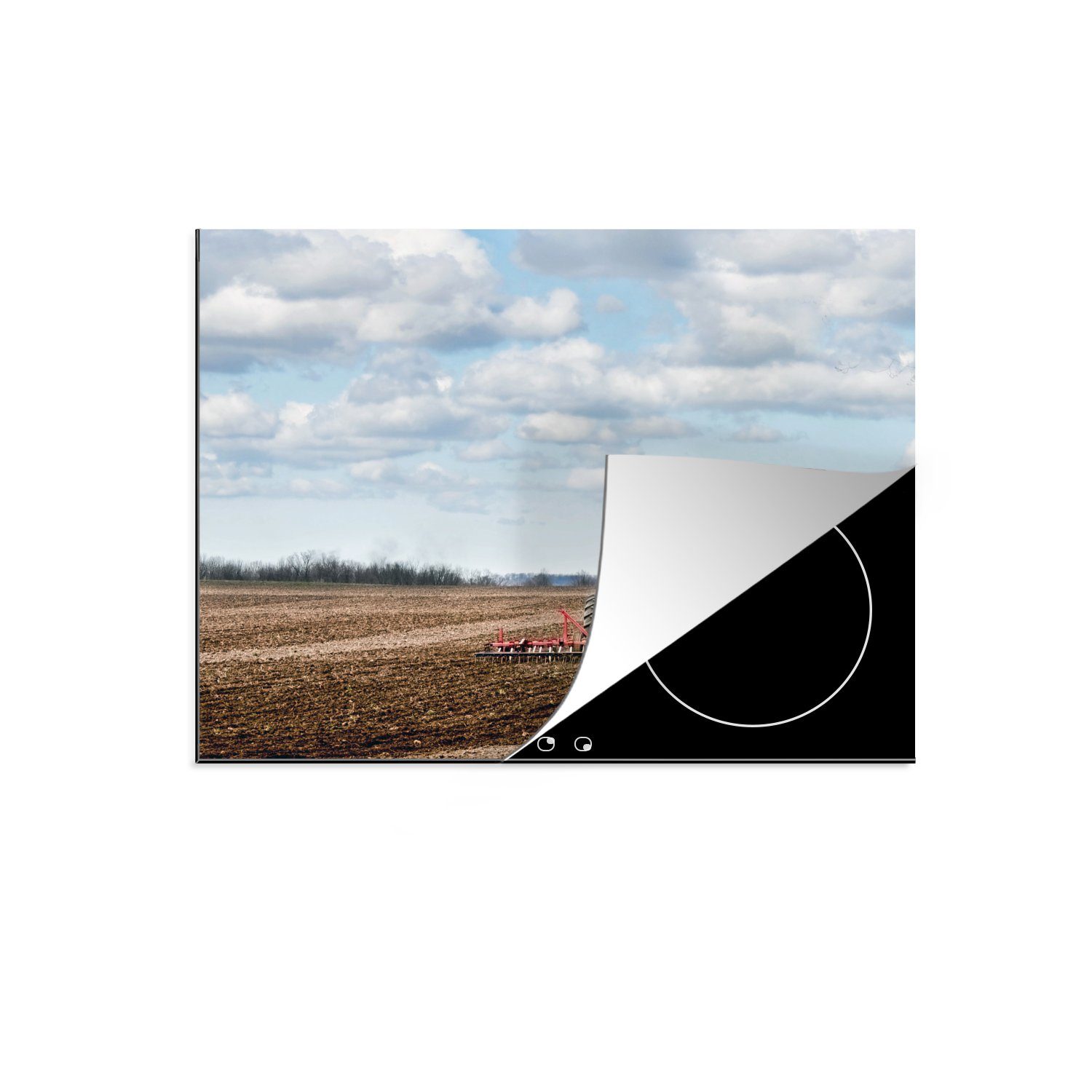 MuchoWow Herdblende-/Abdeckplatte Der Bauer mit dem Pflug hinter seinem Traktor, Vinyl, (1 tlg), 70x52 cm, Mobile Arbeitsfläche nutzbar, Ceranfeldabdeckung