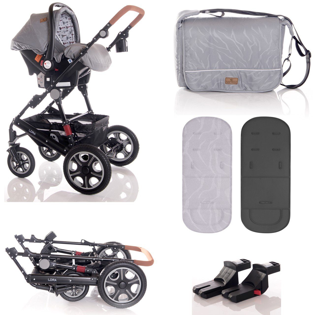 Lorelli Kombi-Kinderwagen Kombikinderwagen Tragetasche 1, Autositz Sportsitz 3 Fußabdeckung grau/schwarz Lora in