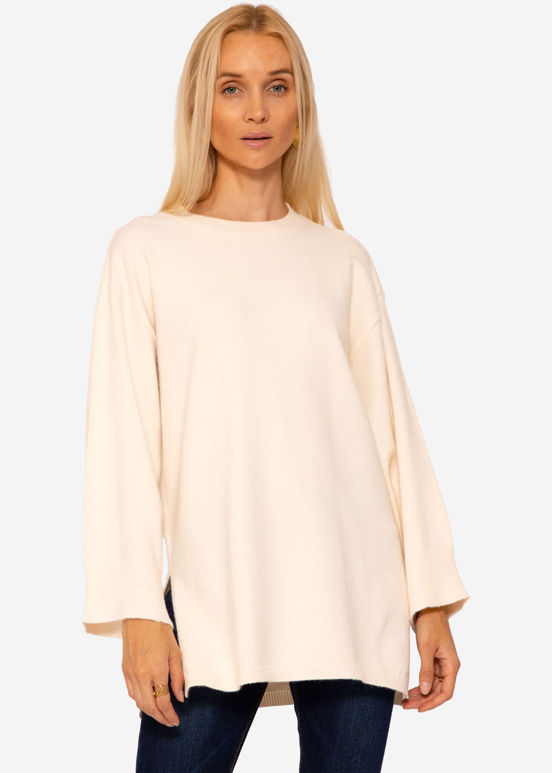 SASSYCLASSY Strickpullover Oversize Pullover Damen lang weichem aus Rundhals Lässiger Seitenschlitzen Feinstrick Strickpullover mit und Offwhite