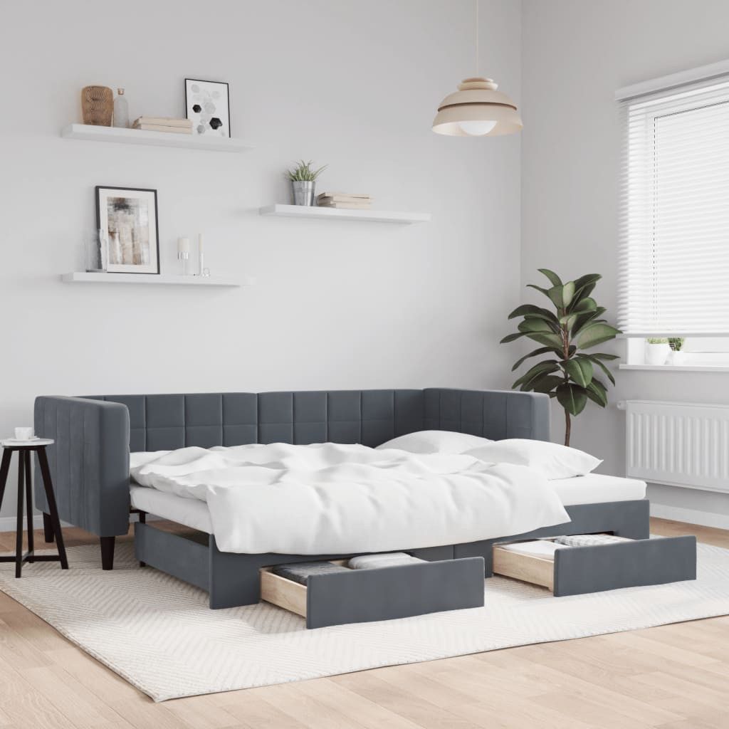 vidaXL Daybed, Tagesbett Ausziehbar mit Schubladen Dunkelgrau 90x190 cm Samt