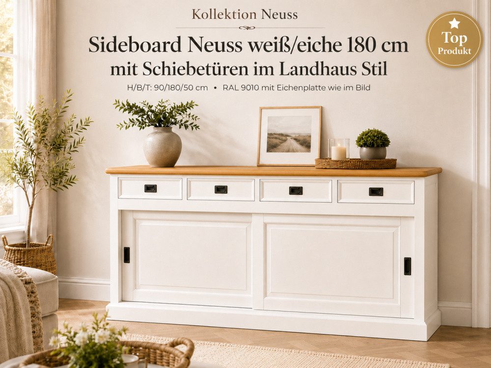 Wohnpalast Sideboard Sideboard Neuss weiss/eiche 180 cm mit Schiebetüren im Landhaus Stil