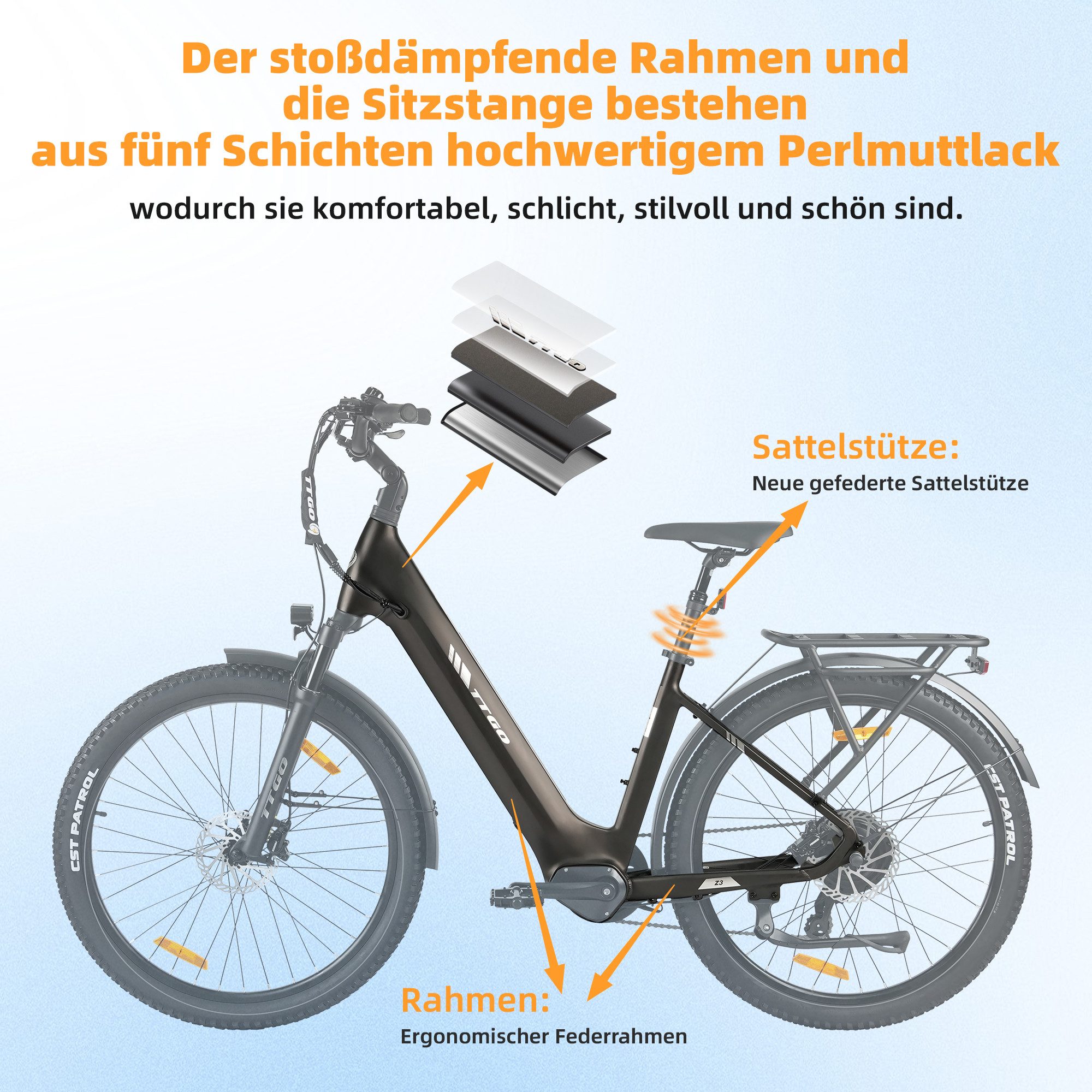 TTGO E-Bike Cityrad 28 Zoll, 70Nm Hinterradmotor, bis zu 120km, Federsattelstütze, 7 Gang SHIMANO, Kettenschaltung, Heckmotor, 720 Wh, Z3, Farbdisplay, Elektrof – Bild 5 von 5