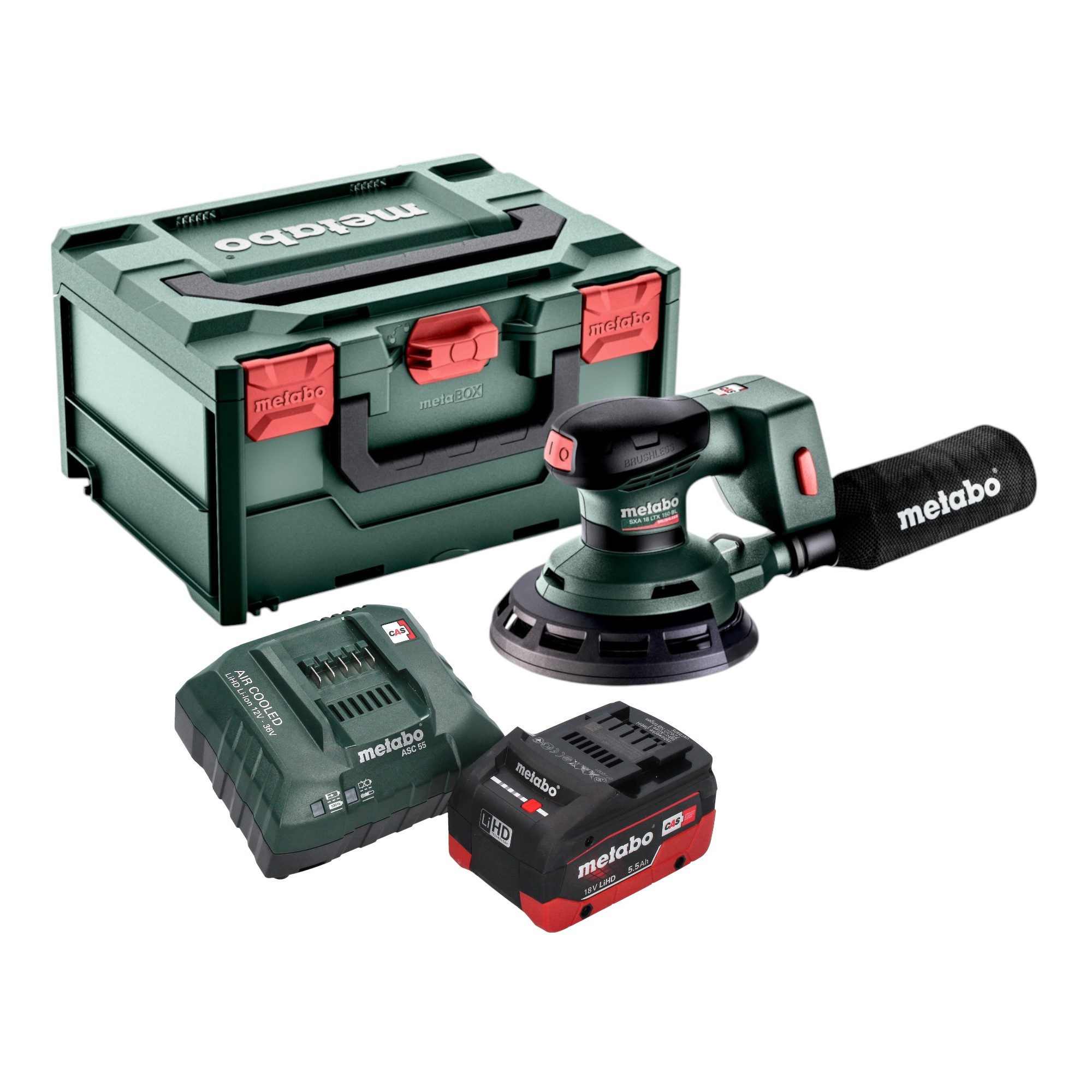 metabo Akku-Exzenterschleifer SXA 18 LTX 150 BL 18 V 150 mm + 1x LiHD Akku 5,5 Ah + Lader + metaBOX