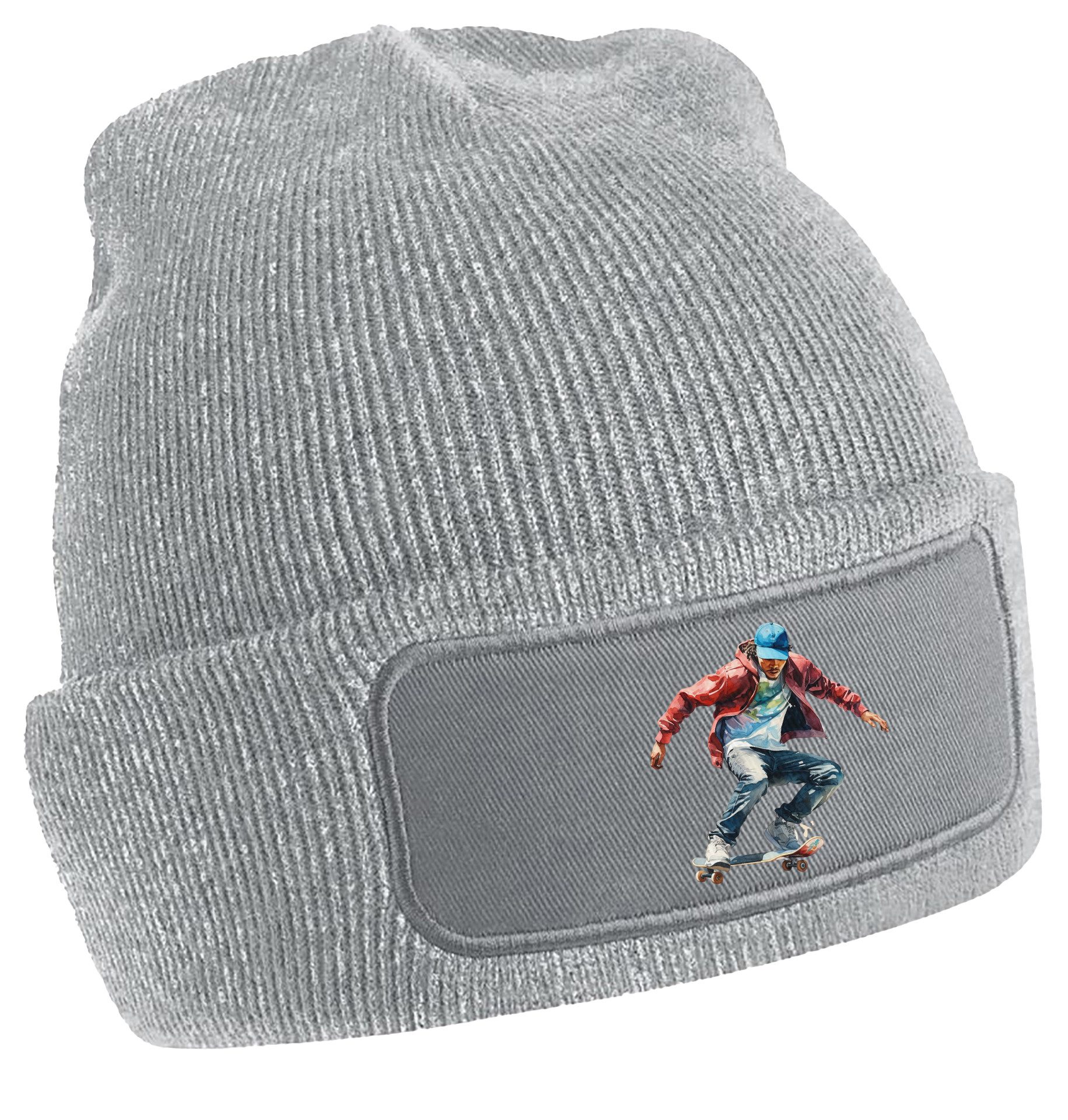 Strickmütze - Beanie mit springendem Skateboarder Print