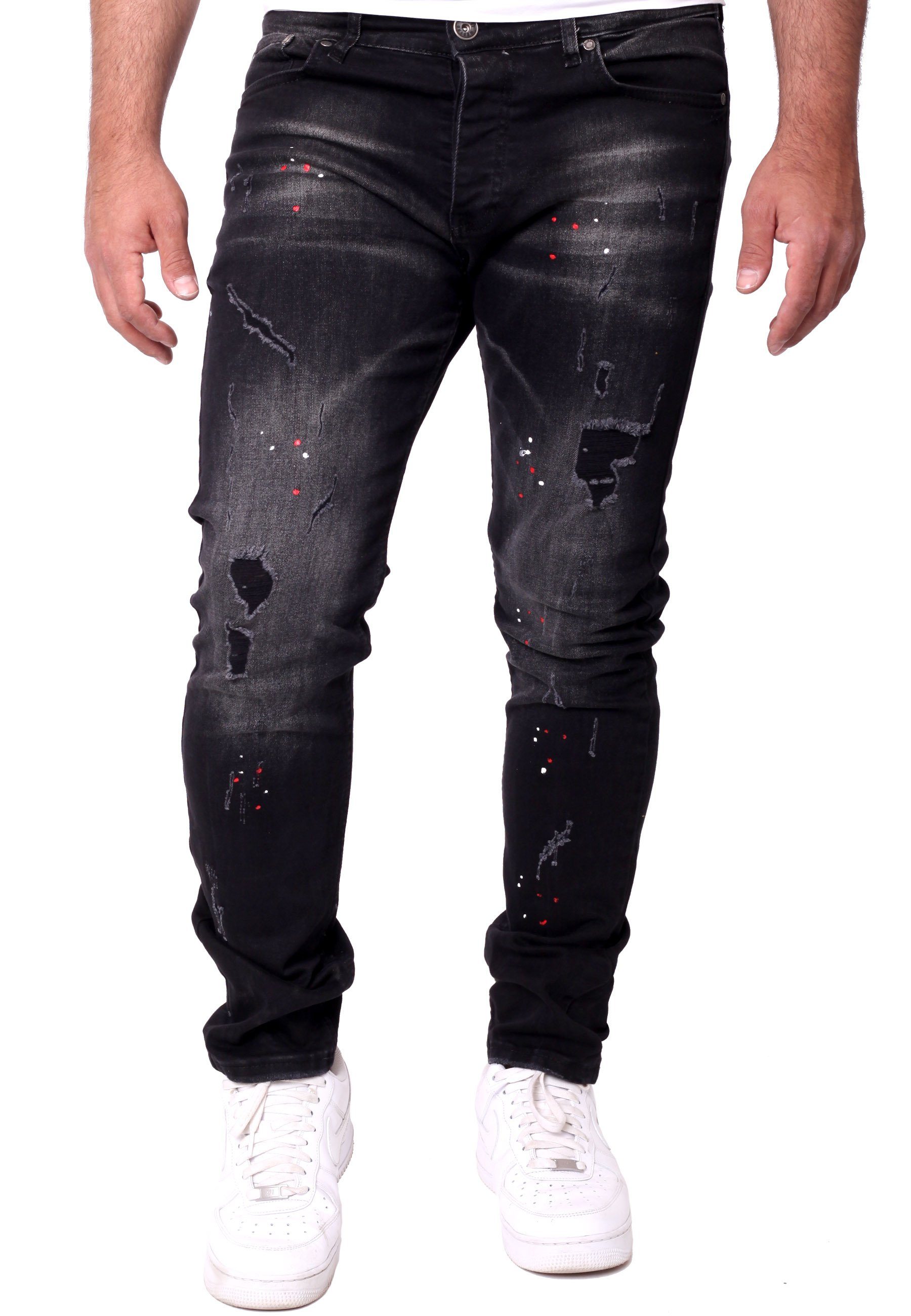 Reslad Destroyed-Jeans Reslad Destroyed Stretch Herren Fit Color-Splashes Männer-Hose Slim Jeanshose Denim schwarz Jeans Destroyed Jeanshose