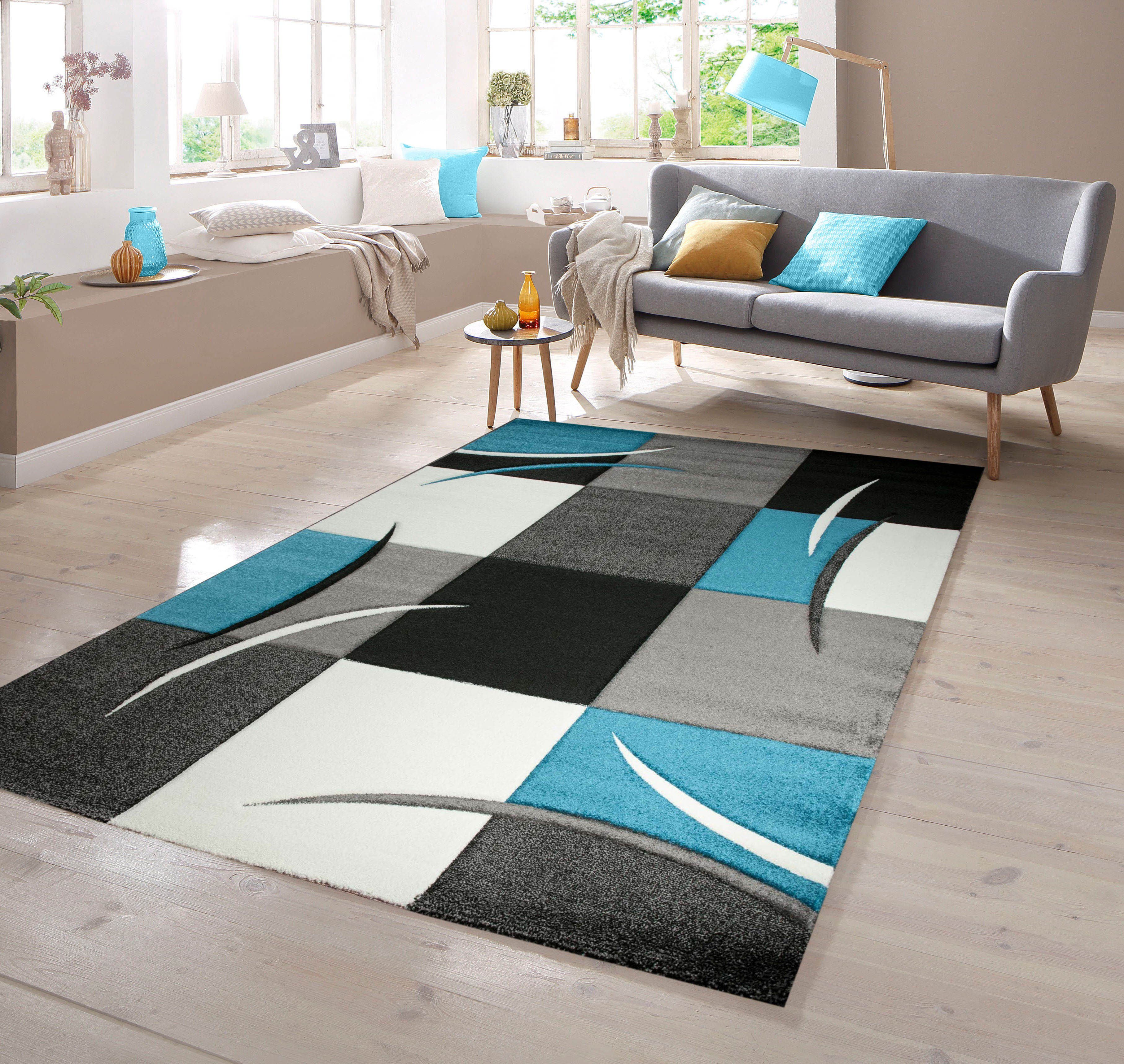 Teppich Designer Teppich Moderner mit Konturenschnitt Karo Muster Türkis Grau Weiß Schwarz, TeppichHome24, rechteckig