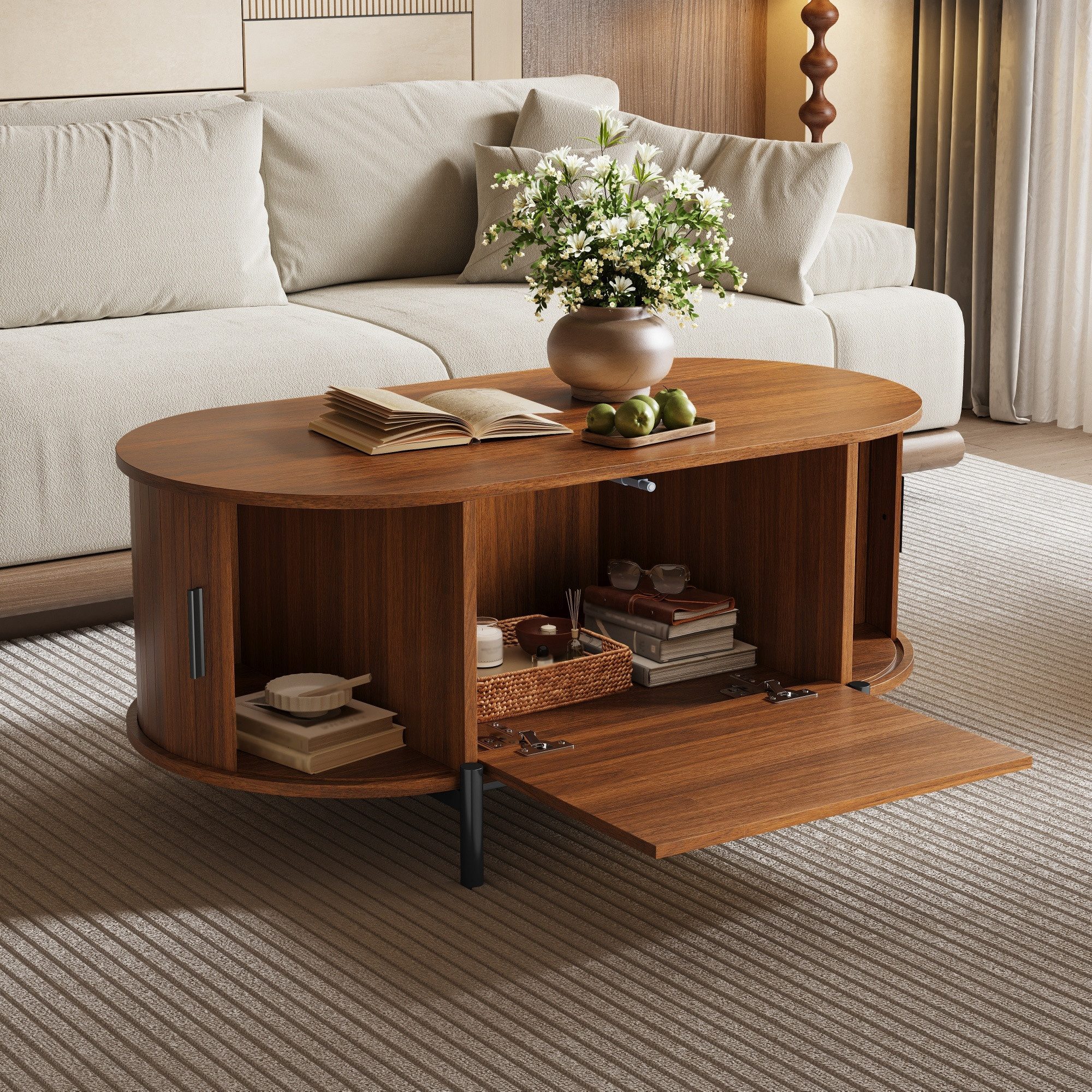 Merax Couchtisch Oval Sofatisch Skandinavisch Beistelltisch mit Rattan-Oberfläche (100 x 50 x 40 cm, 1-St), Wohnzimmertisch mit Klapptür, 2 Schiebetüren, Staura – Bild 2 von 5