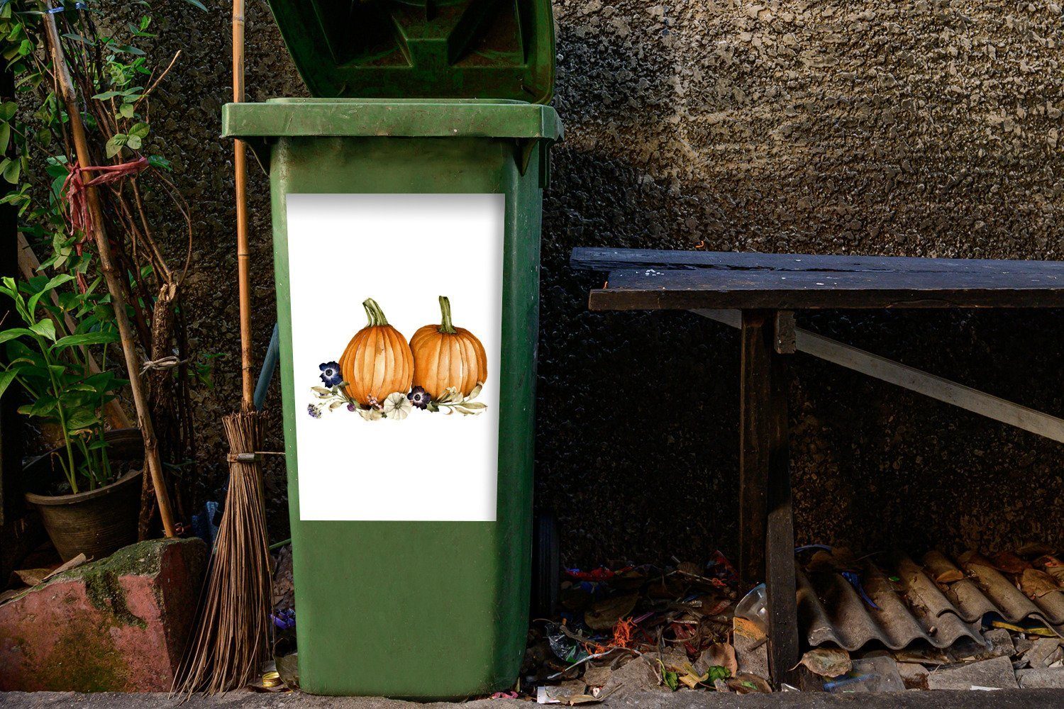 MuchoWow Wandsticker Kürbis - - (1 Mülltonne, Abfalbehälter Blume Sticker, St), Container, Mülleimer-aufkleber, Aquarell