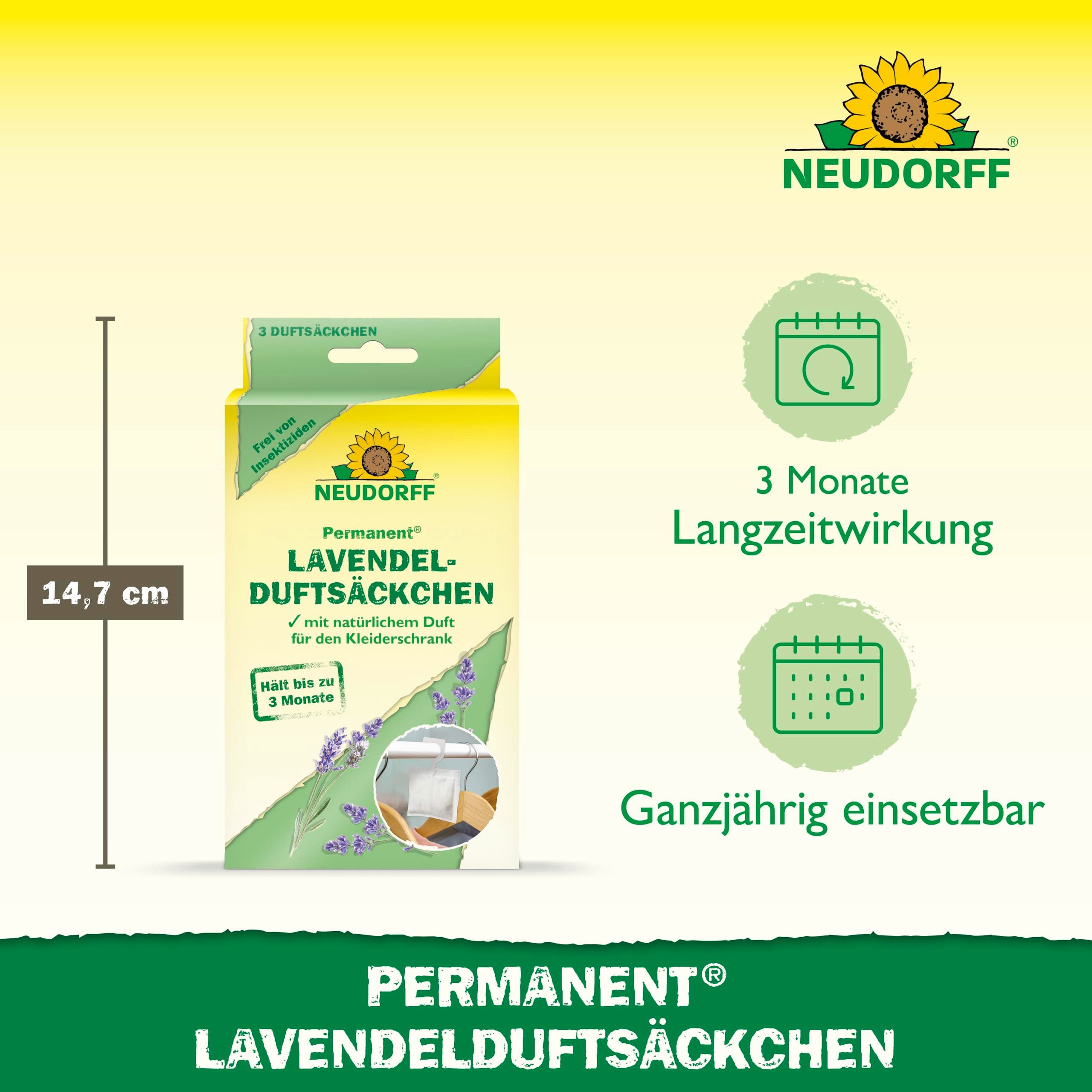 Neudorff Vergrämungsmittel Permanent Lavendelduftsäckchen - 3 Stück, Lavendelsäckchen bekämpft zuverlässig Kleidermotten, in Kleiderschränken und Kommoden mit natürlichem Lavendel, Natürliche Mottenabwehr ohne Insektizide Langzeitwirkung bis zu 3 Mon.