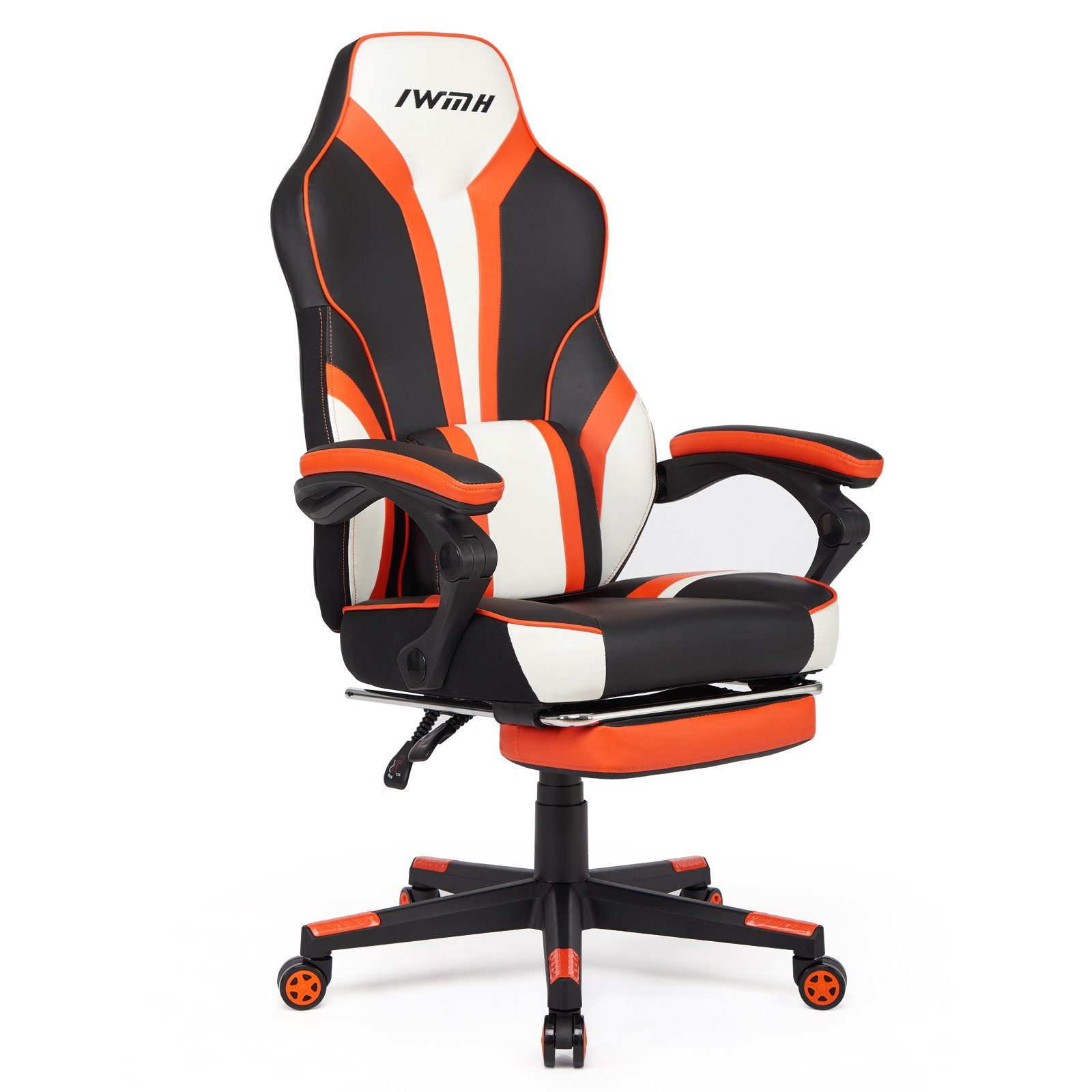 Intimate WM Heart Gaming-Stuhl, mit hoher Rückenlehne, Massage-Lendenstütze und klappbarer Fußstütze orange
