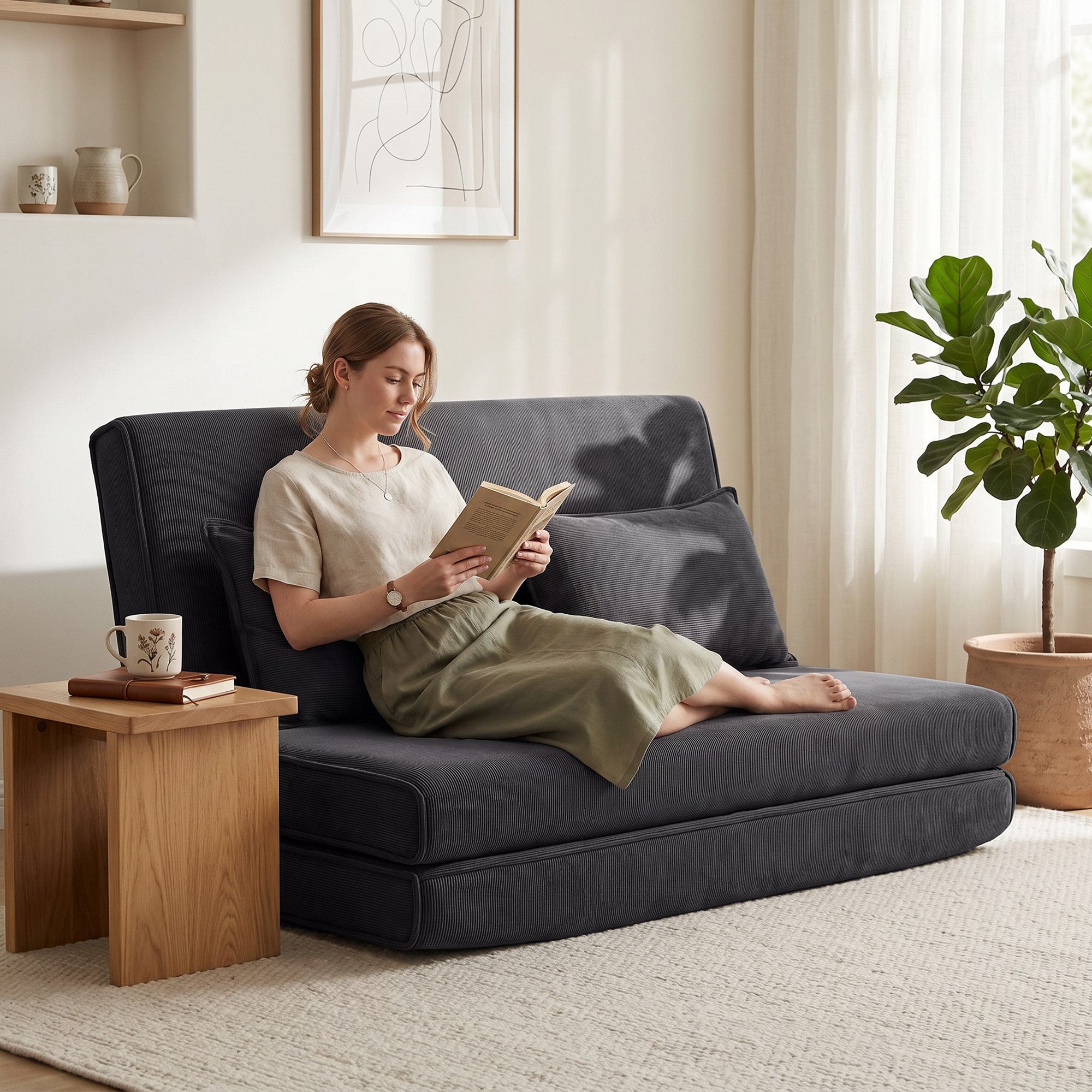 HOMCOM Bodenkissen 3 in 1 Schlafsofa Klappsofa mit 2 Kissen und Verstellbarer Rückenlehne, 3-in-1, 5-fach verstellbar, 2 Kissen