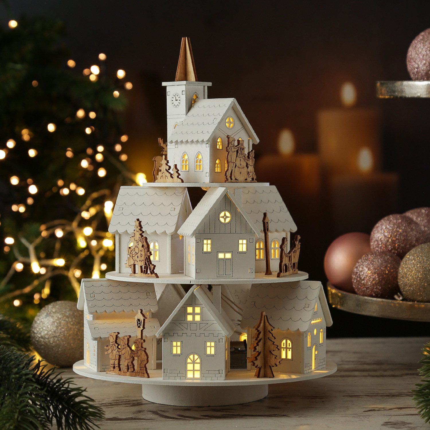 MARELIDA Weihnachtshaus LED Weihnachtsstadt Winterdorf mit Musik Spieluhr Timer H: 29cm