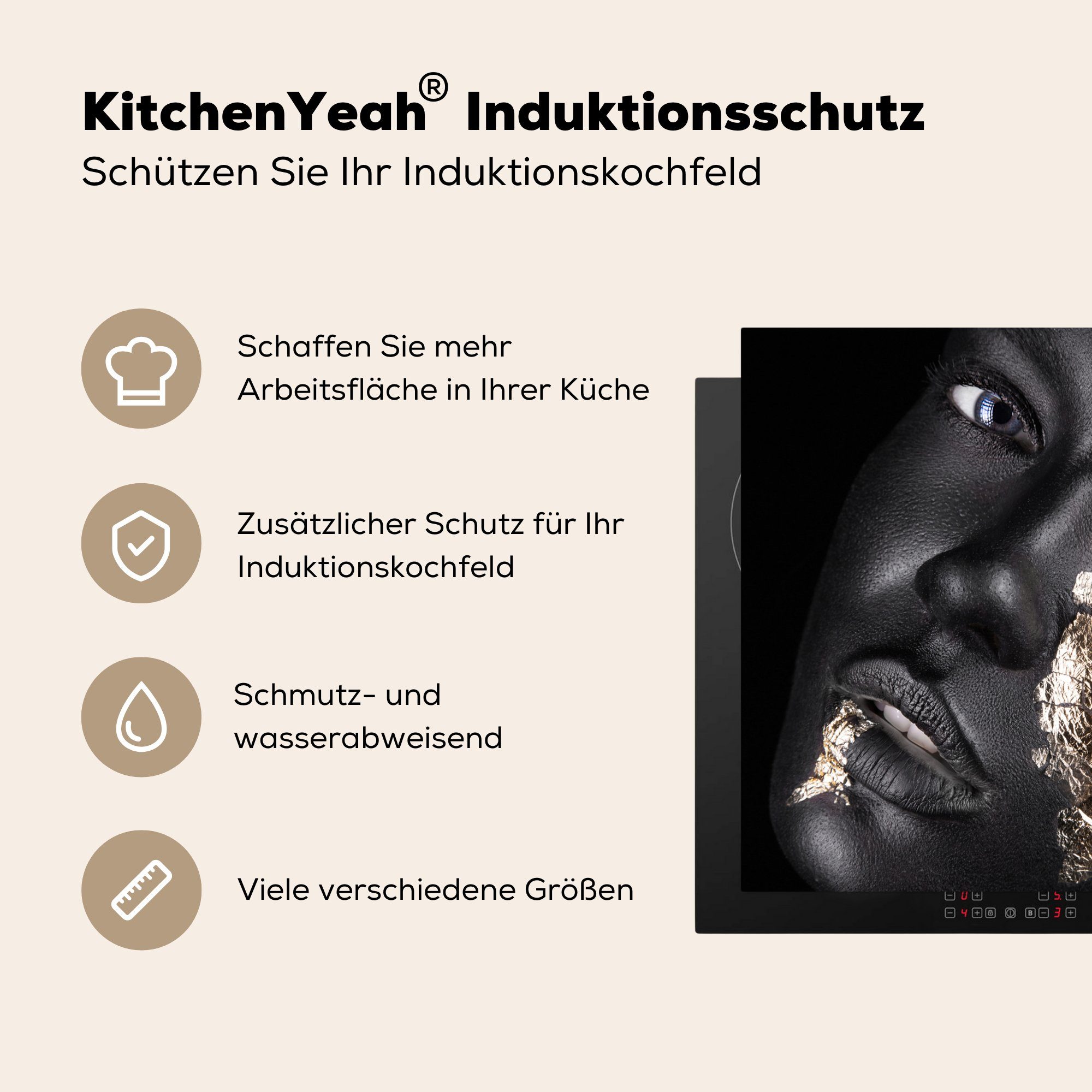 - küche für - cm, Ceranfeldabdeckung, Gold Arbeitsplatte (1 Blau, 78x78 tlg), - Frau Schwarz MuchoWow Herdblende-/Abdeckplatte Vinyl,
