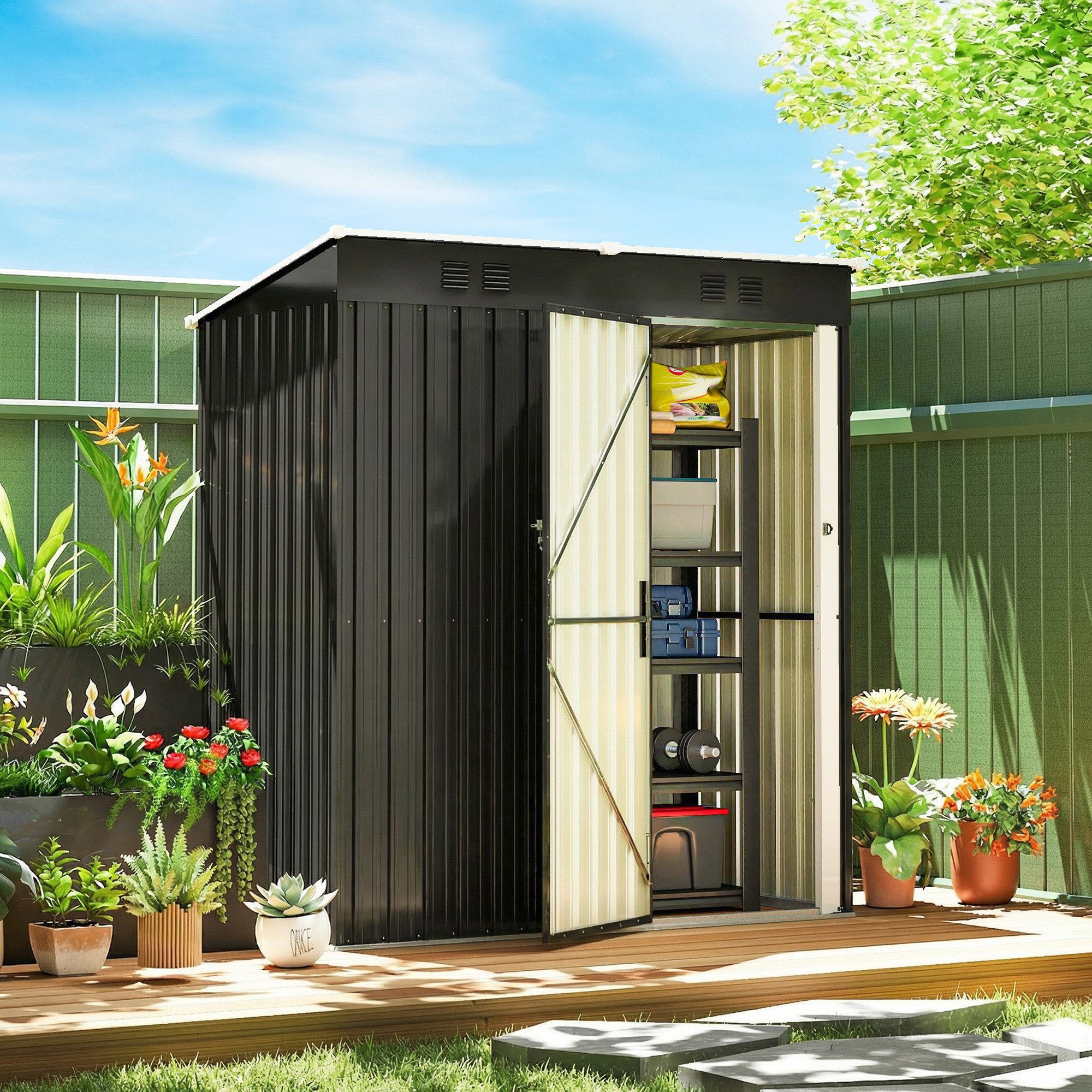 Outsunny Gerätehaus Metall 1,37 m², abschließbar Geräteschuppen mit Pultdach, BxT: 163x90 cm, (Geräteschuppen, 1 St., Gartenhaus), für Garten Terrasse Hinterhof Dunkelgrau