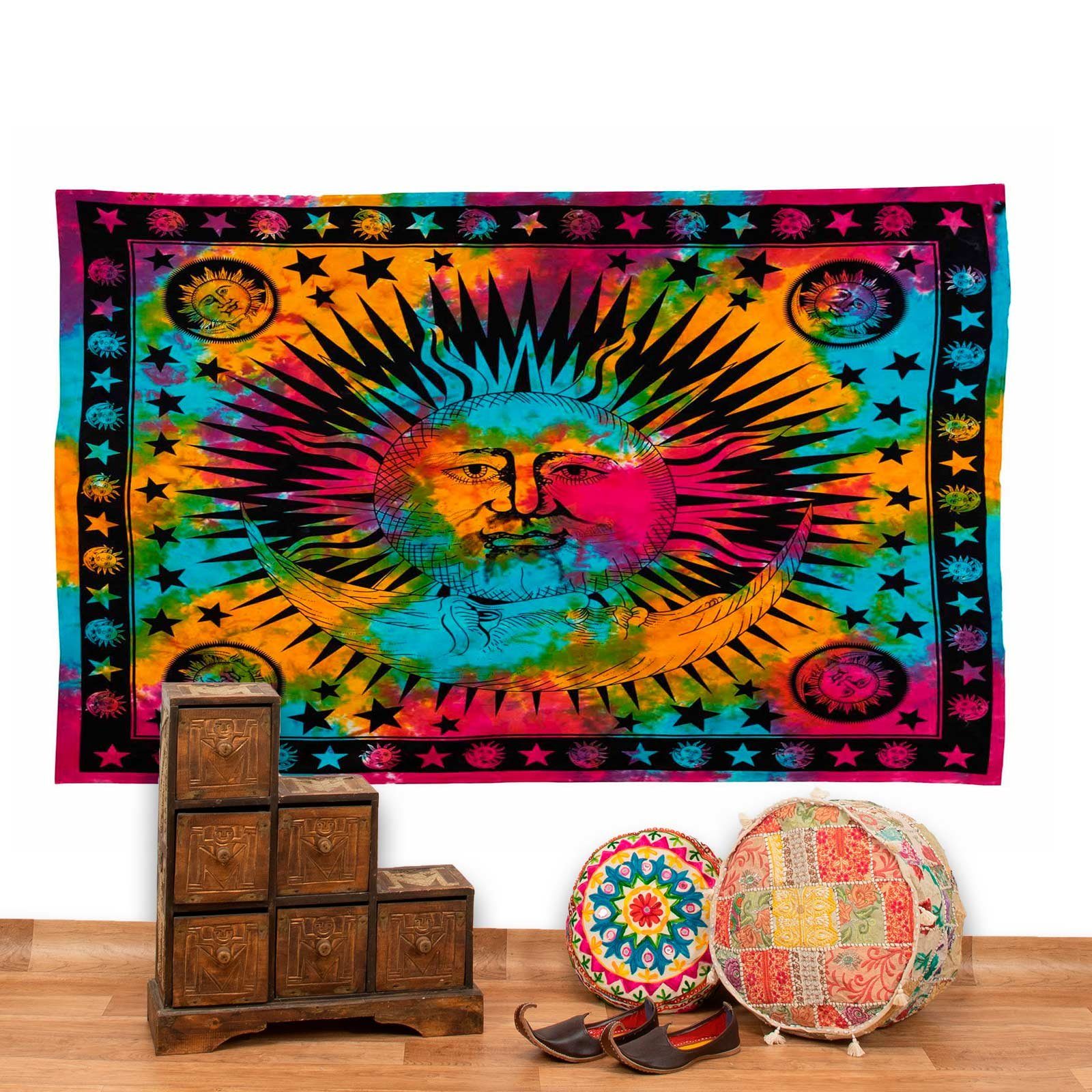 KUNST UND MAGIE Wandteppich Tagesdecke Wandbehang Bunt Sonne Mond und Sterne Hippie ca.200 x 140cm