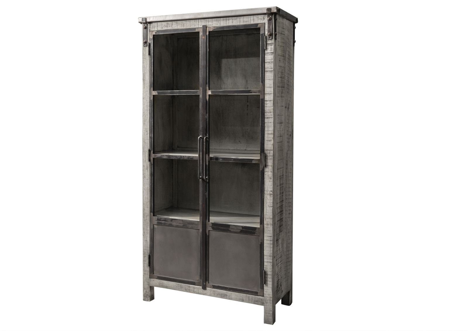 Massivmoebel24 Standvitrine (Vitrine Mango 90x40x180 grau lackiert HEAVY INDUSTRY #141) Vitrine Mango 90x40x180 grau lackiert HEAVY INDUSTRY #141