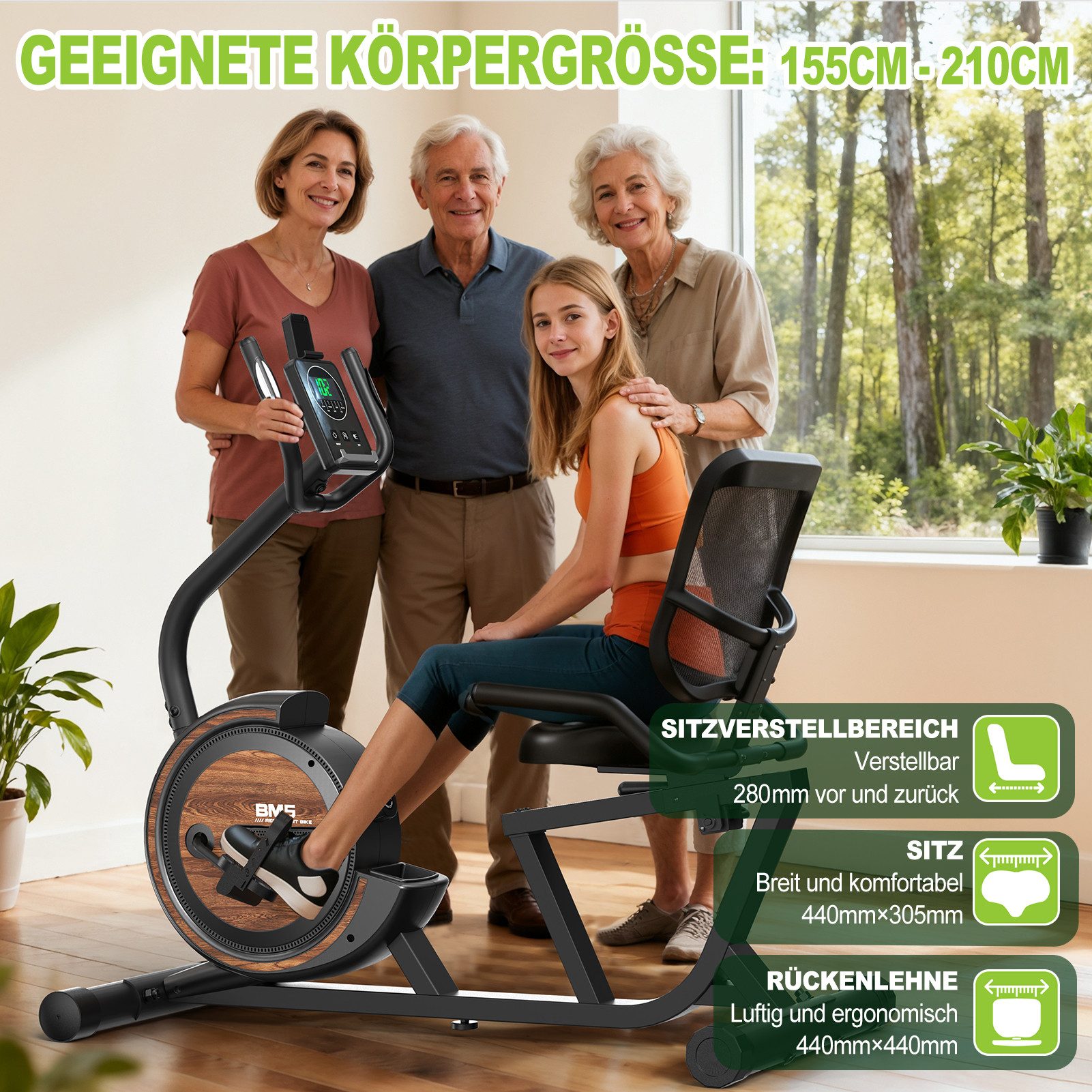 VOWVIT Liege-Heimtrainer mit 16-stufigem Magnetwiderstand, bis 150 kg Traglast (1-tlg), Bluetooth Heimtrainer mit verstellbarem Sitz und beleuchtetem Display – Bild 5 von 5