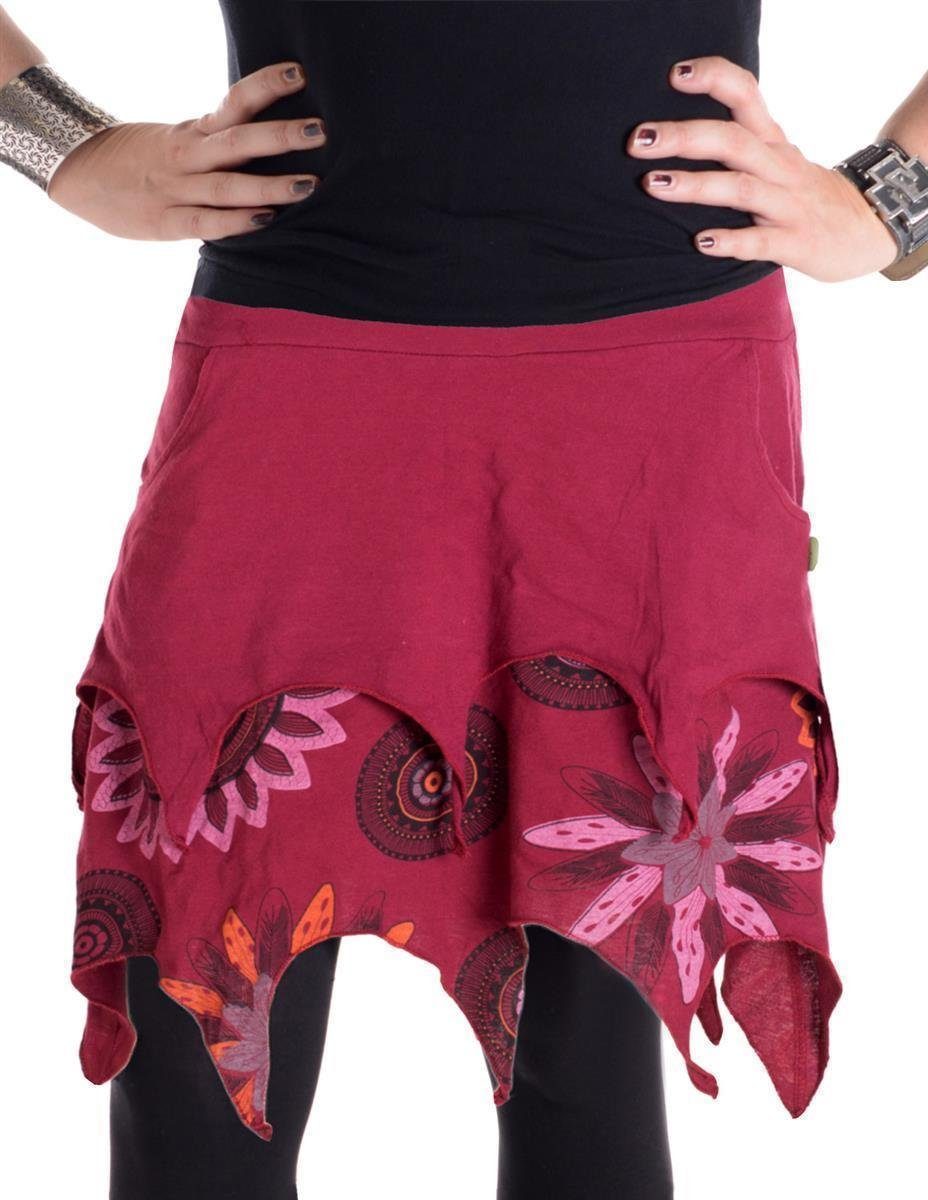 Vishes Zipfelrock Lagenlook Style Hippie, Goa, Blumen Minirock Ethno, bedruckt Ethno dunkelrot Baumwolle aus