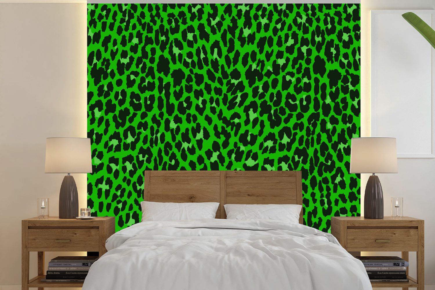 MuchoWow Fototapete Leopard - Grün - Muster, Matt, bedruckt, (5 St), Vinyl Tapete für Wohnzimmer oder Schlafzimmer, Wandtapete