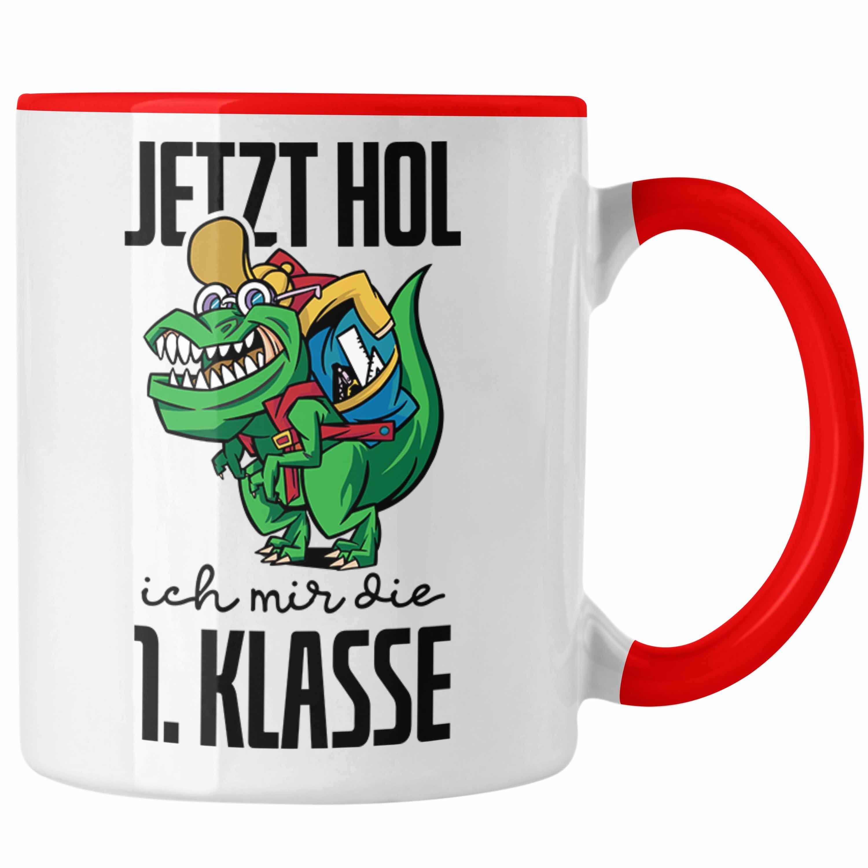 Trendation Tasse Tasse Einschulung Dino T-rex Motiv Geschenk für Jungs in der 1. Klasse Rot