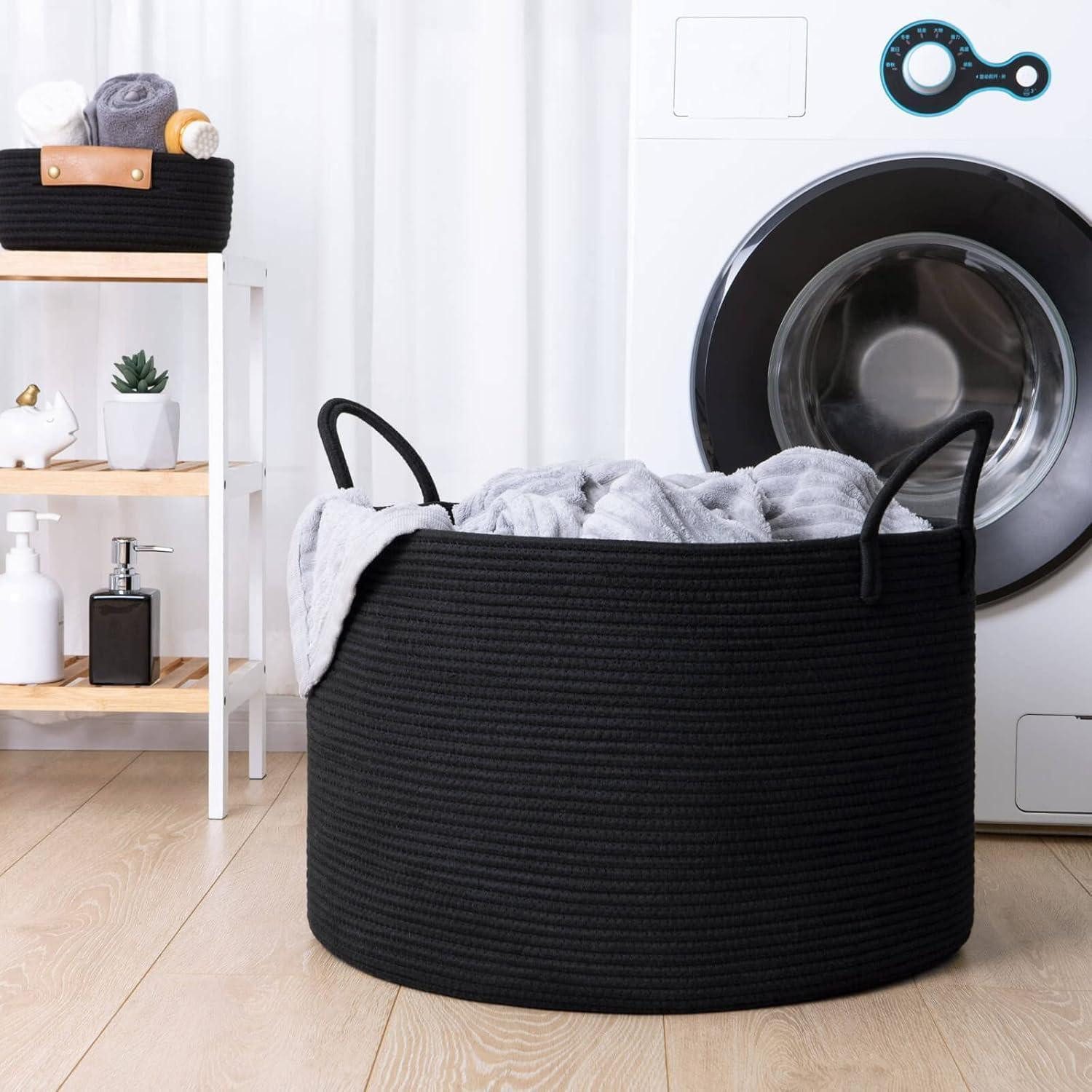 LuxusKollektion Wäschekorb Wäschekorb Geflochten Baumwolle Badezimmer Schwarz 83L – Bild 5 von 5