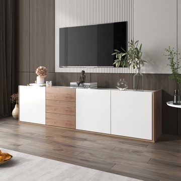 WISHDOR TV-Schrank Lowboard Fernsehtisch (mit 3 Schubladen und 3 Türen) mit Paneel in Weiß und Holzfarben,TV-Board freistehend/hängend