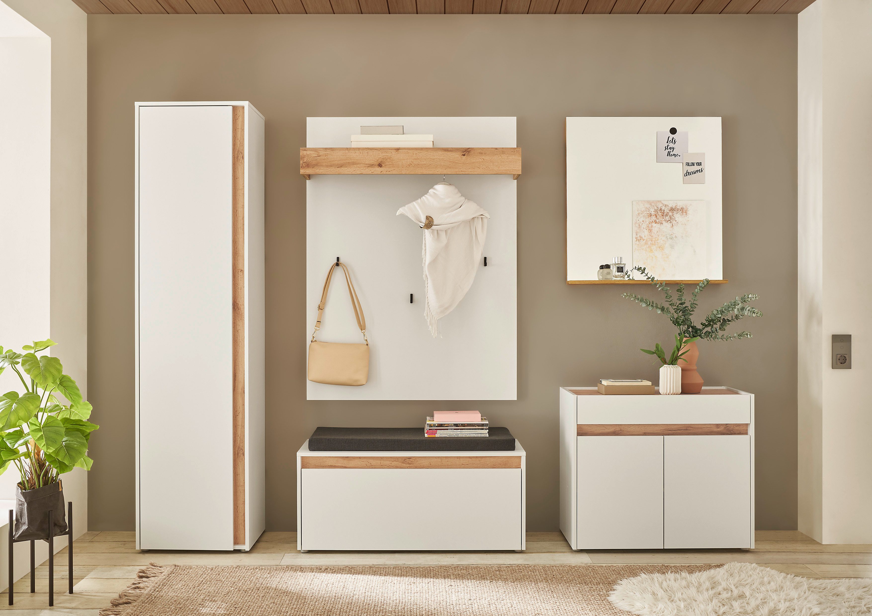 INOSIGN Шкафы-Set GIRON/CiTY, moderne Garderobe, Komplettset mit viel Stauraum, (Komplett-Set, 5-St), enthält Schrank, Kommode, Spiegel, Paneel & Schuhbank +Sitzkissen