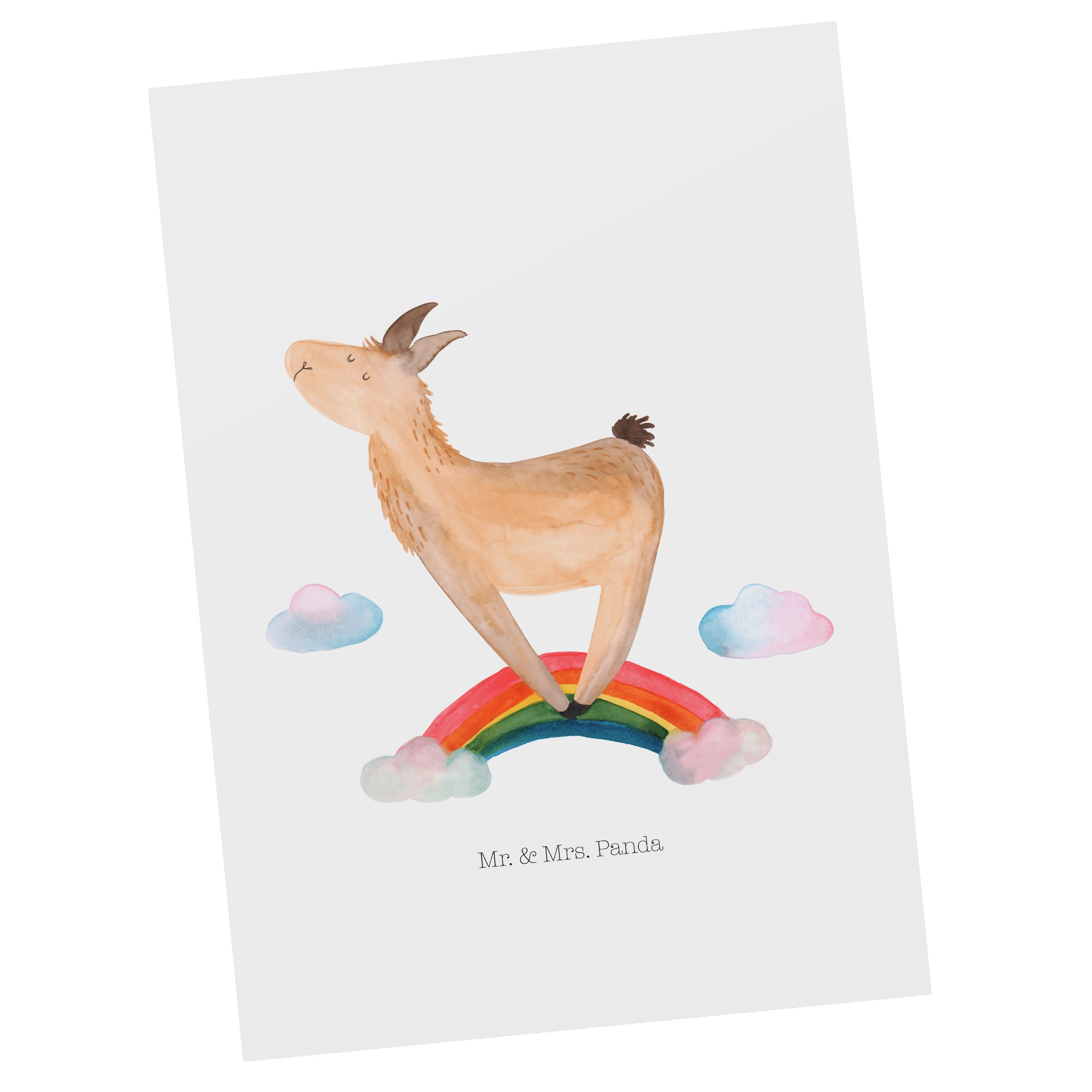 - Lama Mr. - Mrs. Panda A Grußkarte, Geschenk, Wolkenland, Postkarte & Regenbogen Weiß Freiheit,
