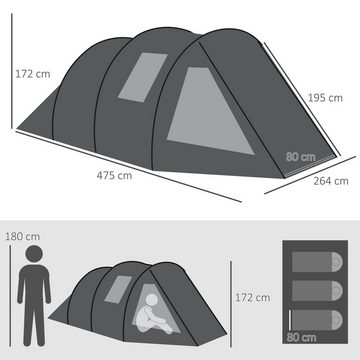 Outsunny Kuppelzelt Tunnelzelt für 4 Personen, Campingzelt mit Zwei Räumen, Personen: 4 (Festivalzelt, 1 tlg., Familienzelt), 2000 mm Wassersäule, für Trekking, Schwarz
