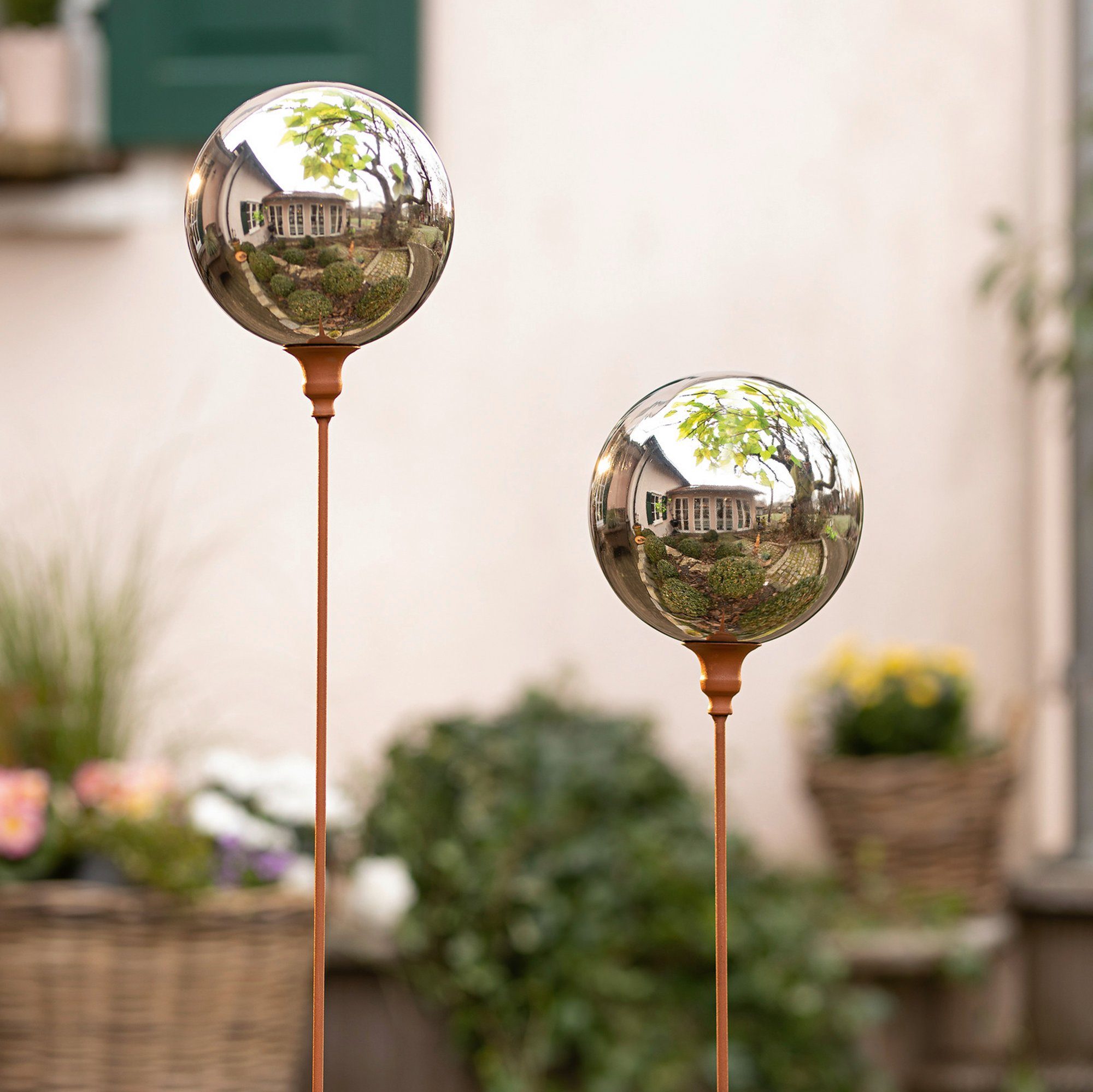 cm Gartendeko Kugel, Metall (1-St) "Kugel" Draußen aus hoch, mit Metallstecker 118 Gartenstecker Dekoleidenschaft in verspiegelter Rostoptik für Dekostecker Beetstecker