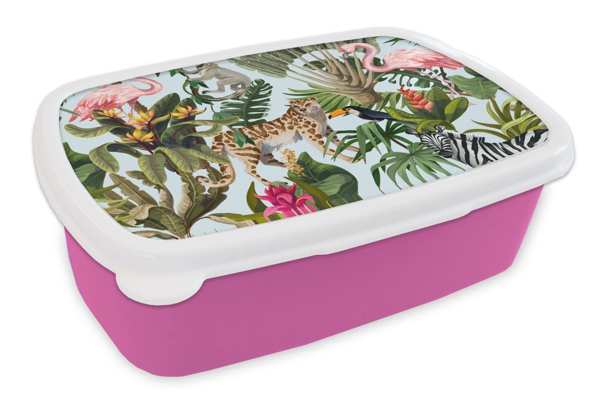 MuchoWow Lunchbox Dschungel - Tiere - Mädchen - Kinder - Jungen - Flamingo - Papagei, Kunststoff, (2-tlg), Brotbox für Erwachsene, Brotdose Kinder, Snackbox, Mädchen, Kunststoff rosa