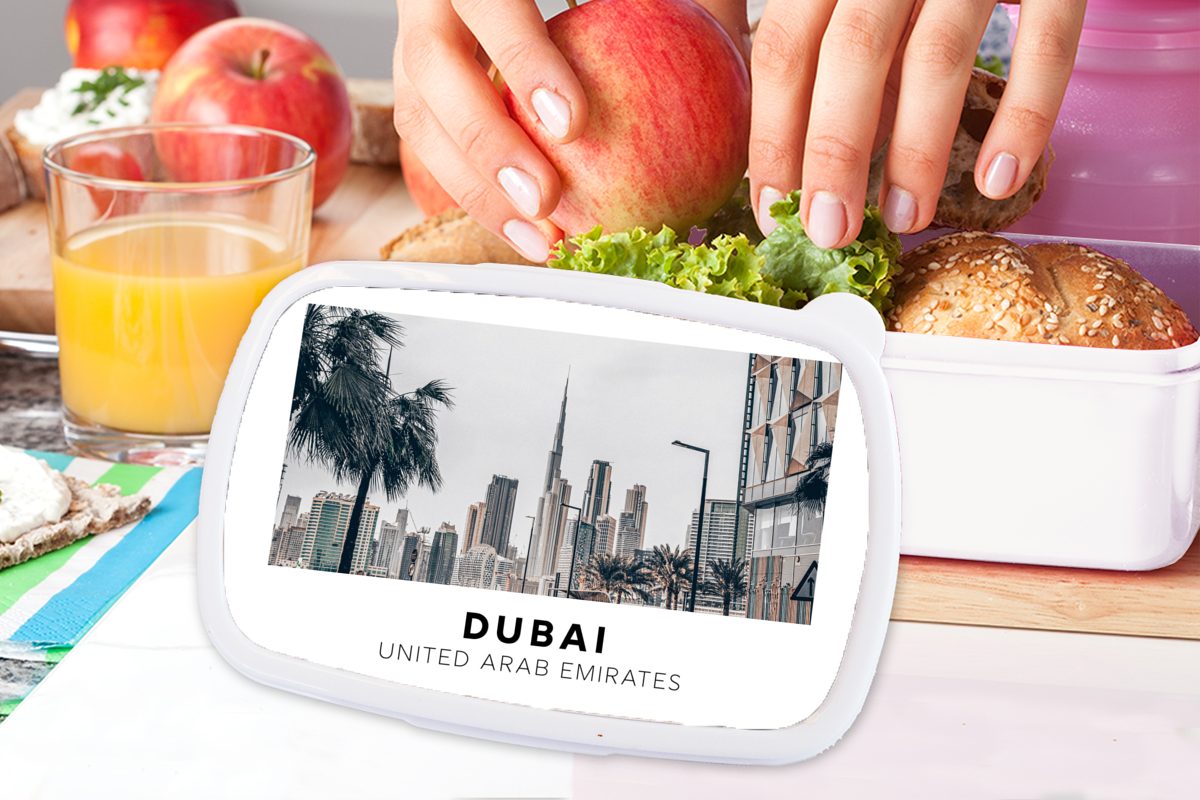 MuchoWow Lunchbox für Mädchen Erwachsene, und Kinder weiß - Jungs Palme, Kunststoff, - Skyline und für Brotdose, (2-tlg), Brotbox Dubai
