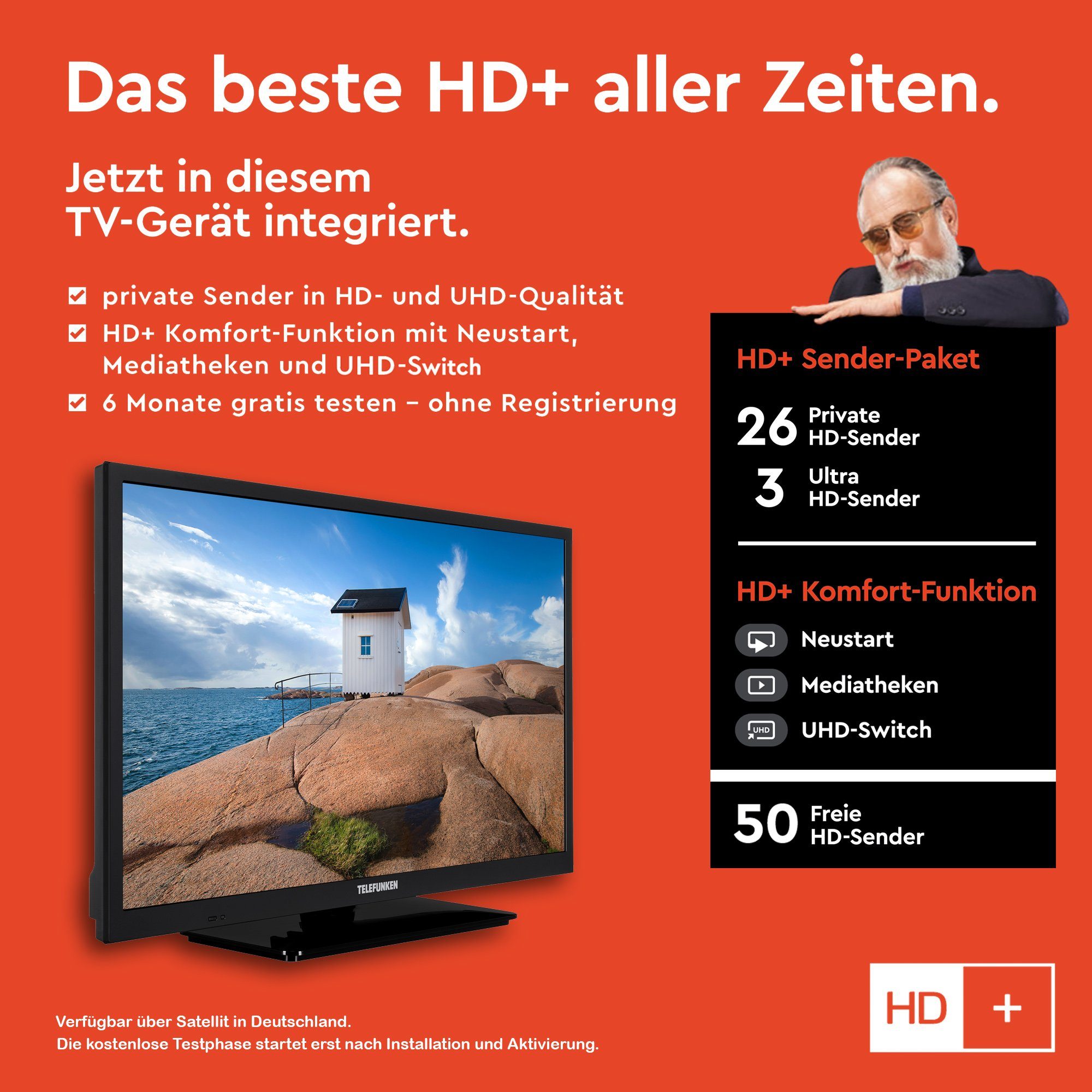 DVD-Player, Zoll, Monate Triple-Tuner, HD+ (60 cm/24 XH24SN550MVD gratis) Smart Volt Fernseher Anschluss, 6 12 HD-ready, Telefunken LCD-LED TV,