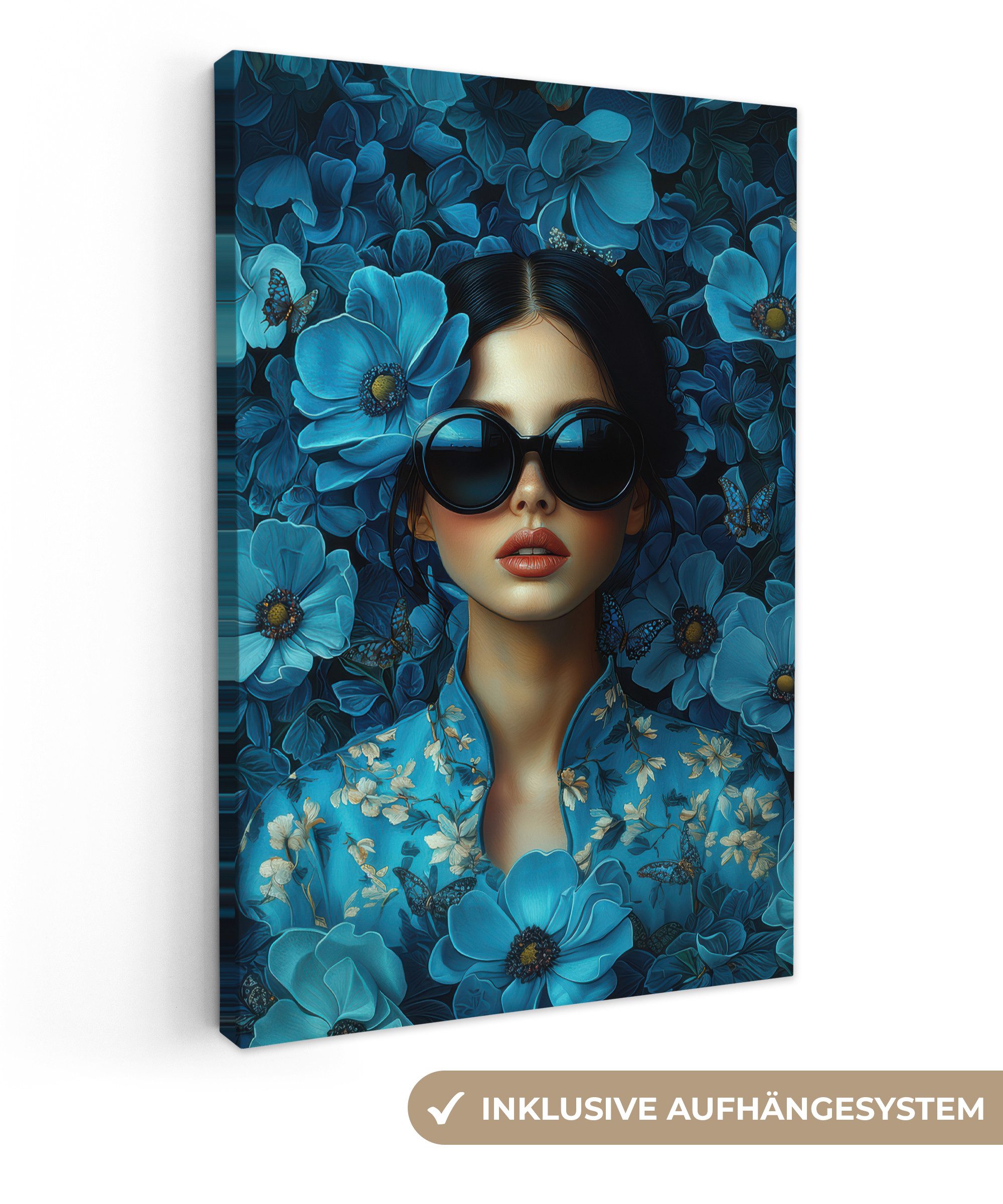 OneMillionCanvasses® Leinwandbild Frau - Blumen - Blau - Ästhetik - Luxus, Fotodruck (1 St), Leinwand Canvas Wandbild, Wanddekoration 20x30 cm